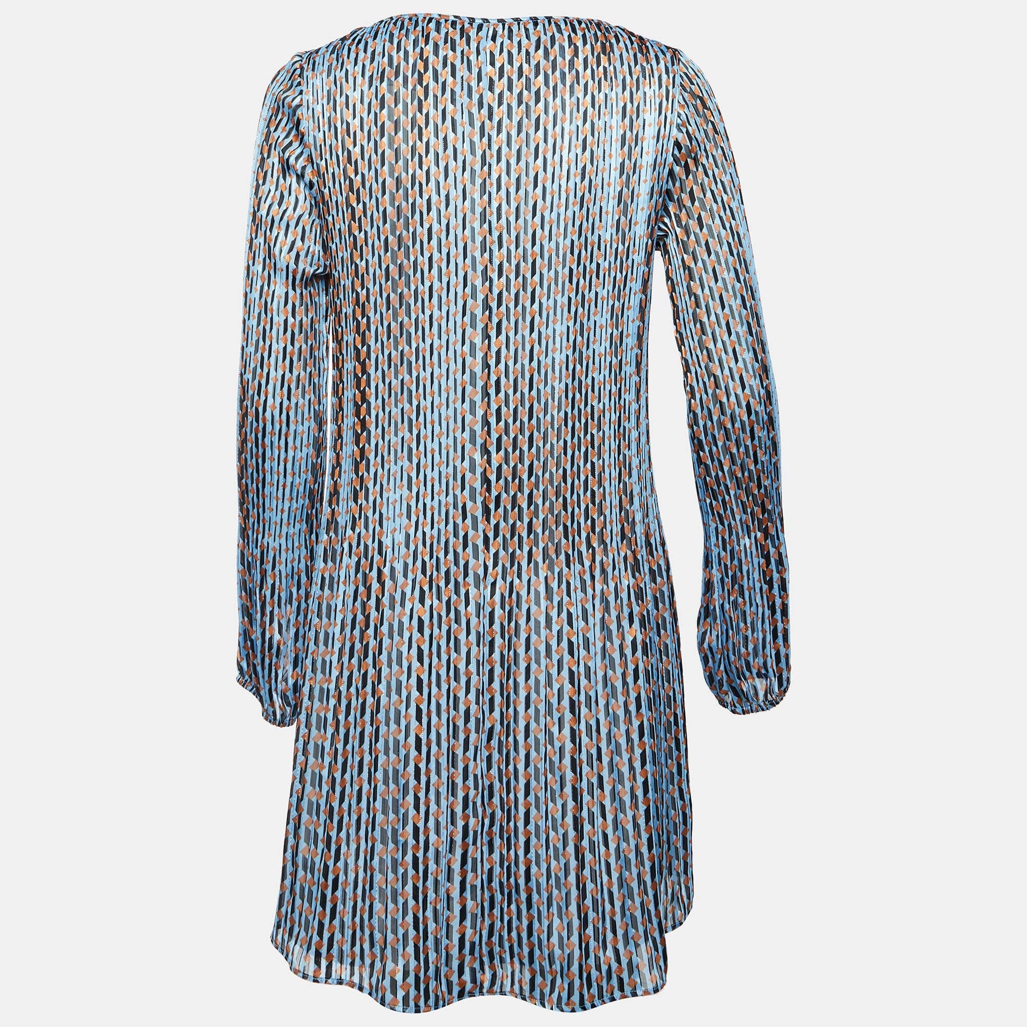PLISSÈ Maje Blue Geometric Print Lurex Plisse Rockilane Mini Dress