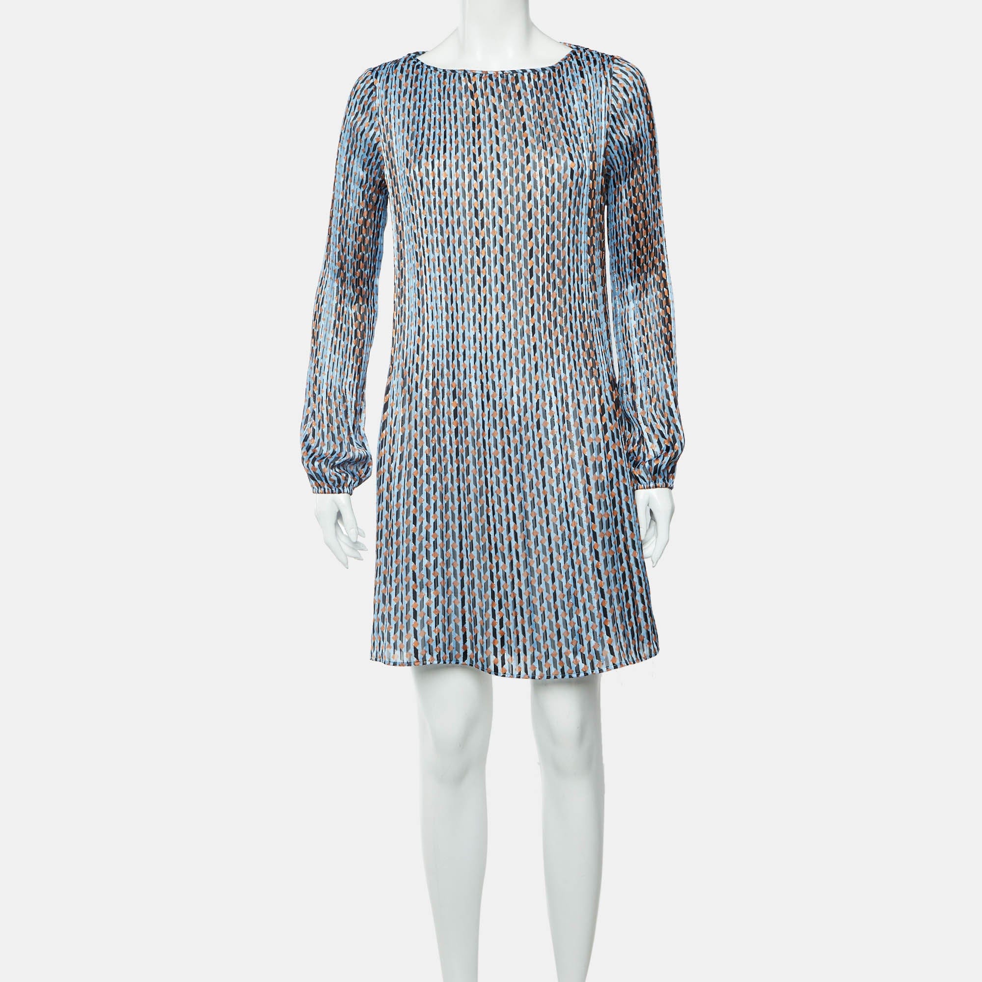 PLISSÈ Maje Blue Geometric Print Lurex Plisse Rockilane Mini Dress