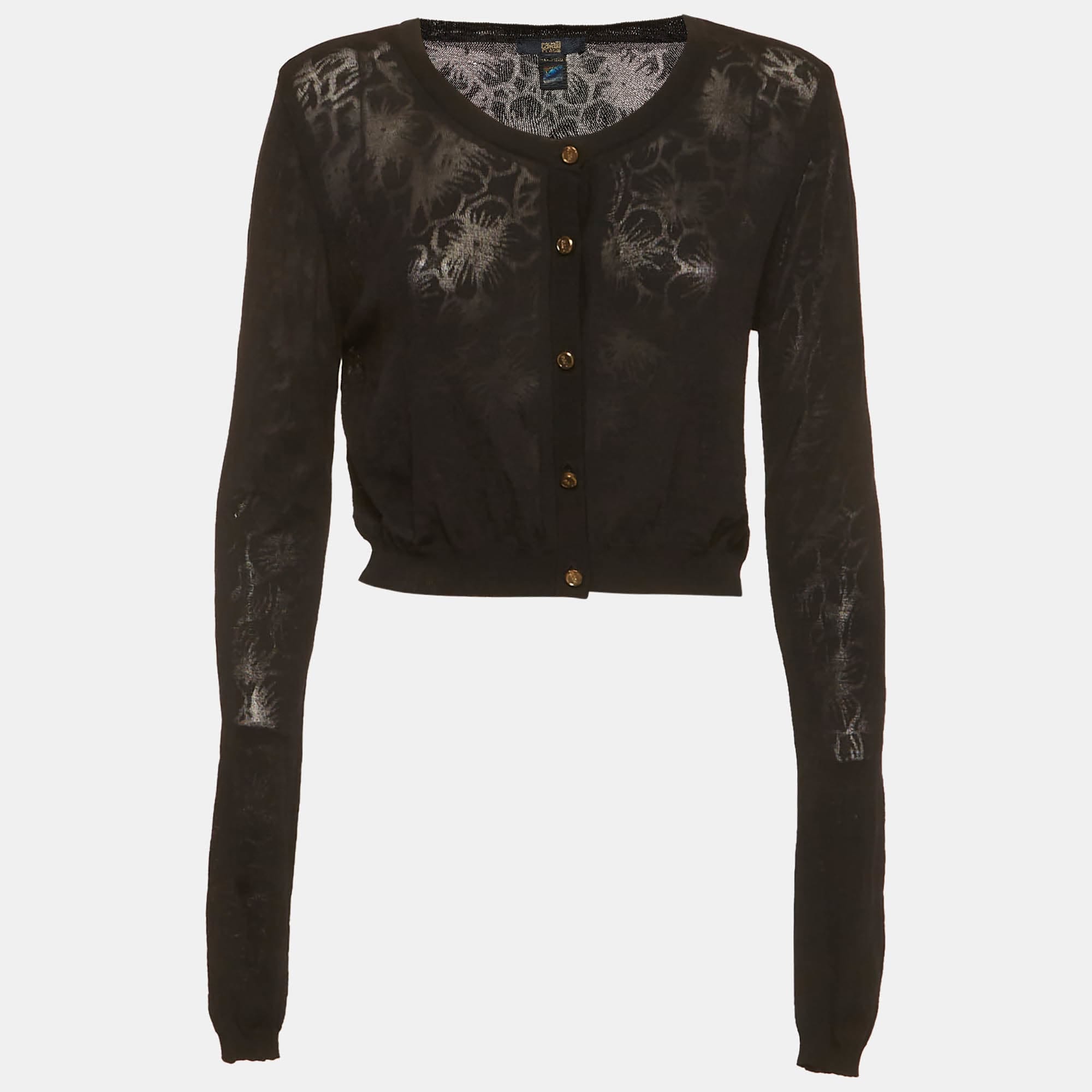 Cavalli Class Black Floral Patterned Knit Cropped Cardigan