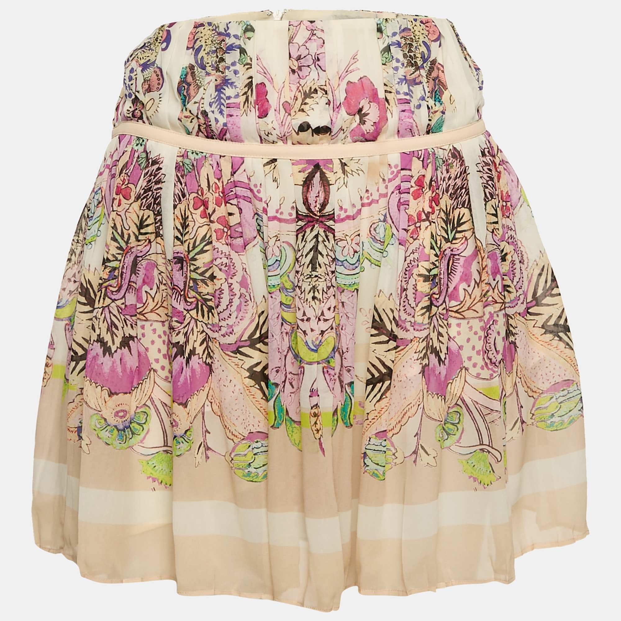 SILK Pink Floral Print Silk Pleated Mini Skirt