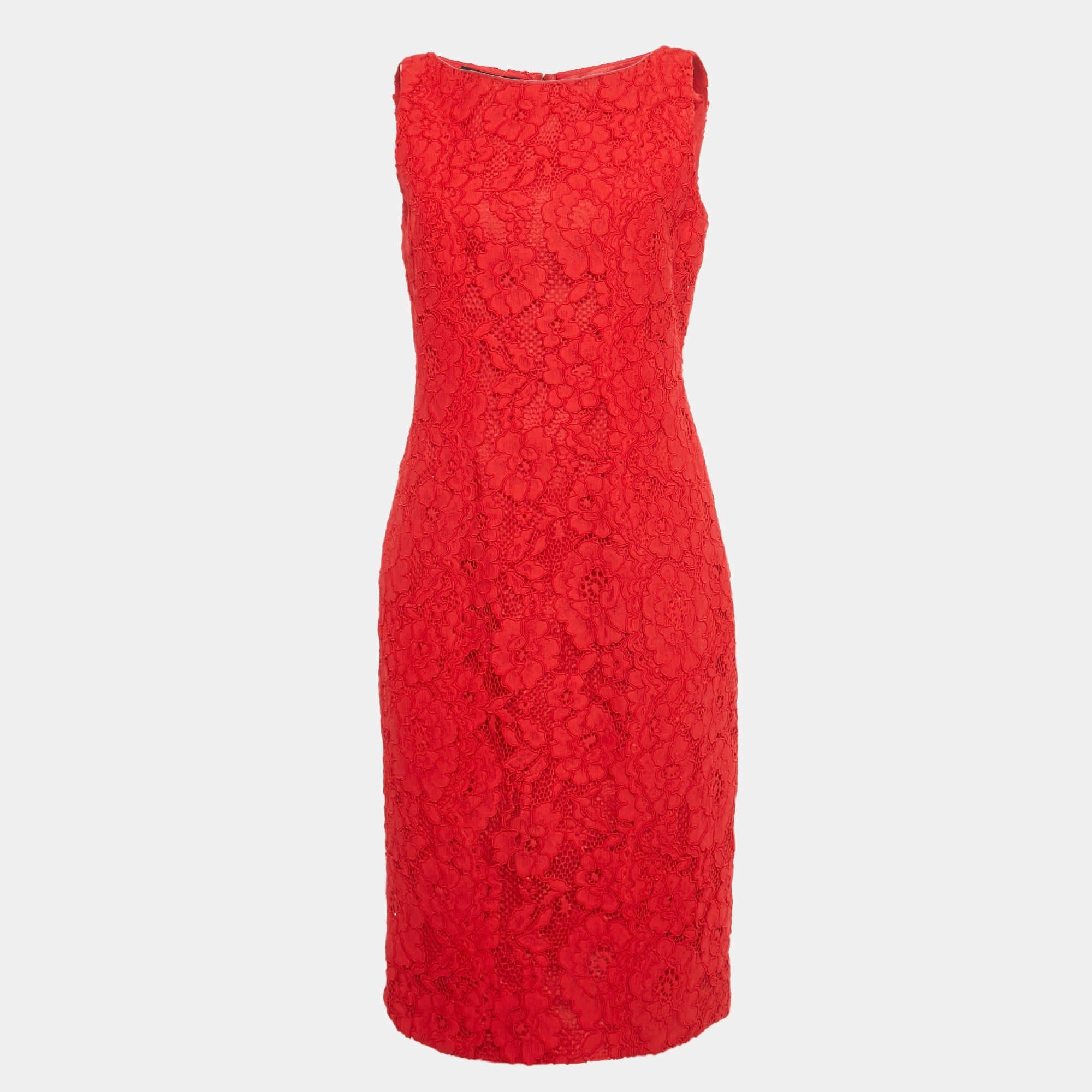 Ch Carolina Herrera Red Lace Sleeveless Shift Dress