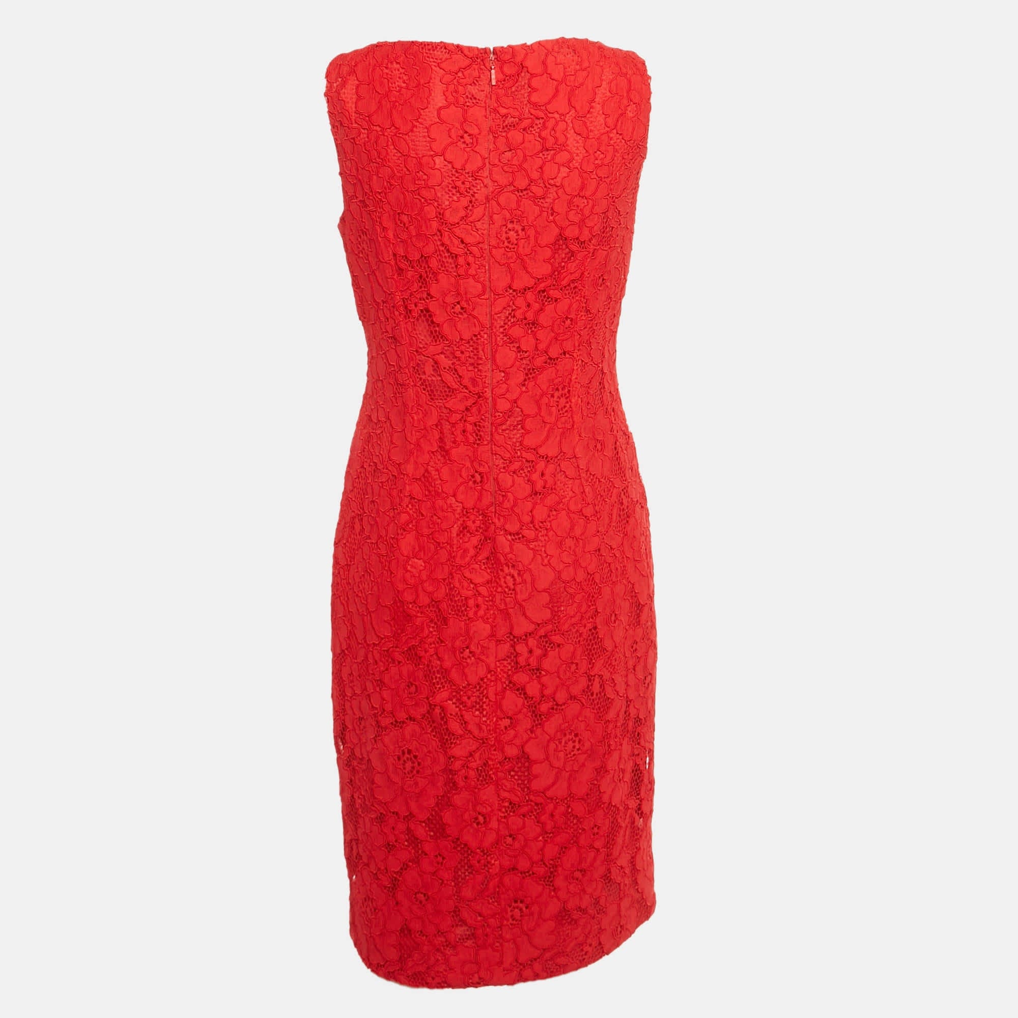 Ch Carolina Herrera Red Lace Sleeveless Shift Dress