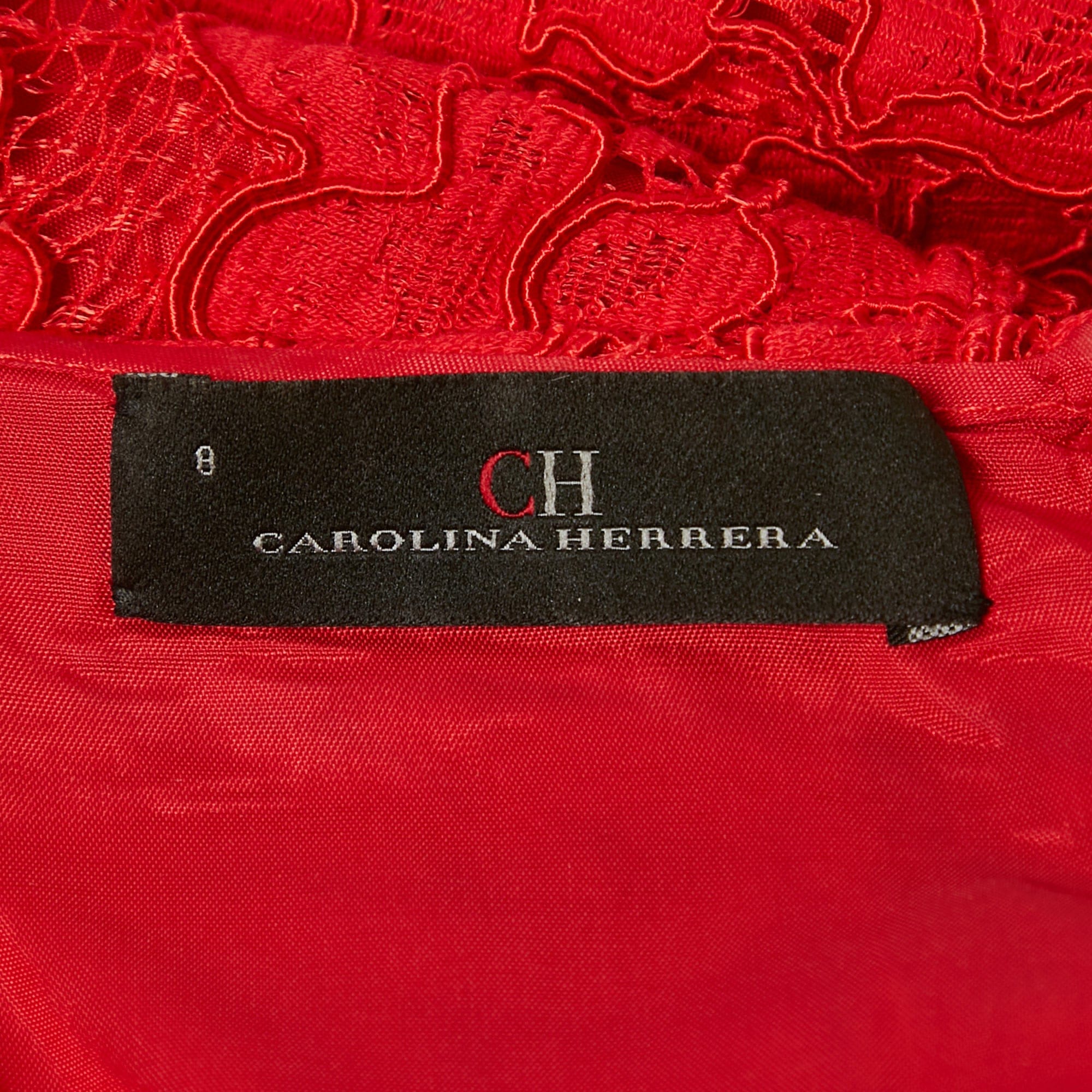 Ch Carolina Herrera Red Lace Sleeveless Shift Dress