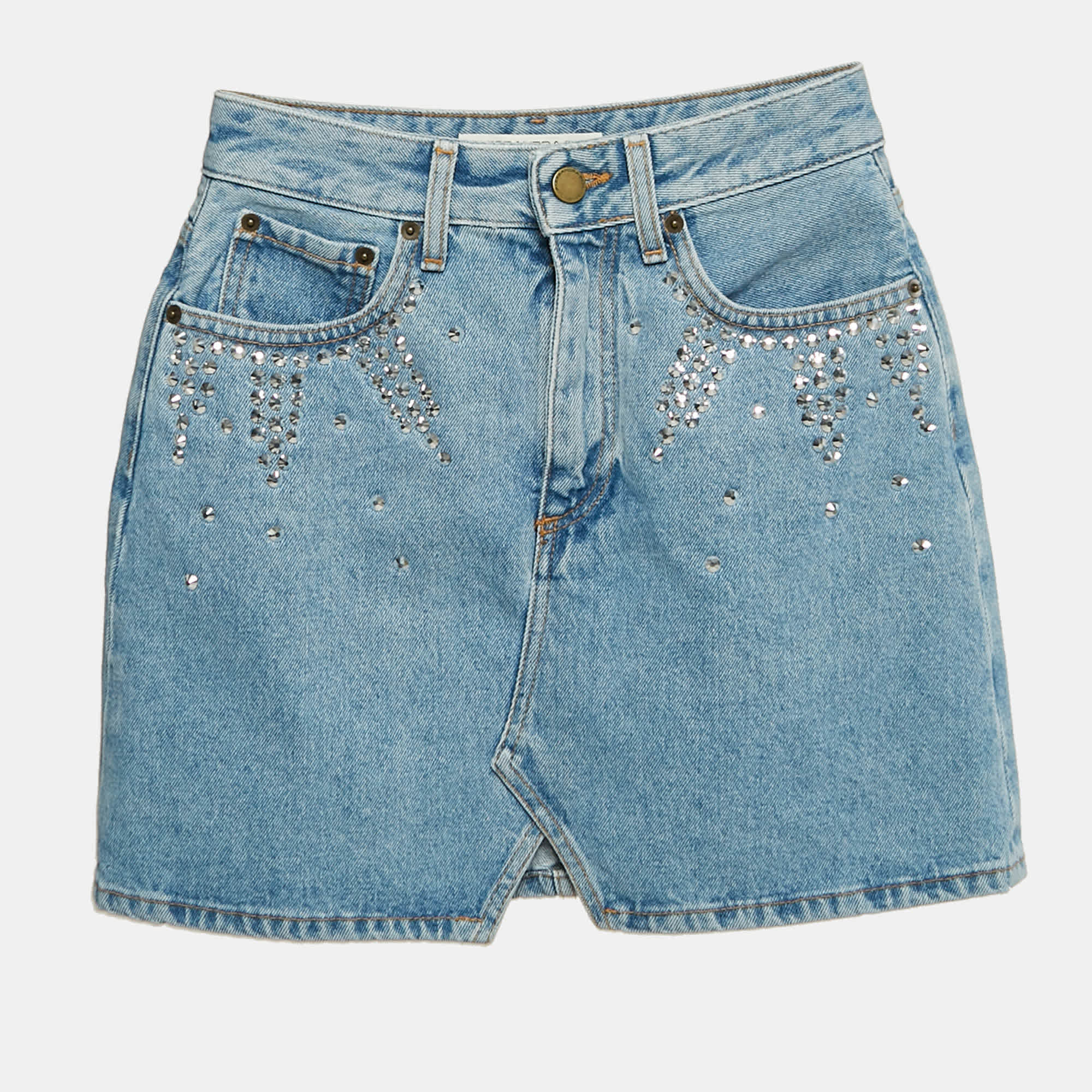 Blue Embellished Denim Mini Skirt S Waist 26"