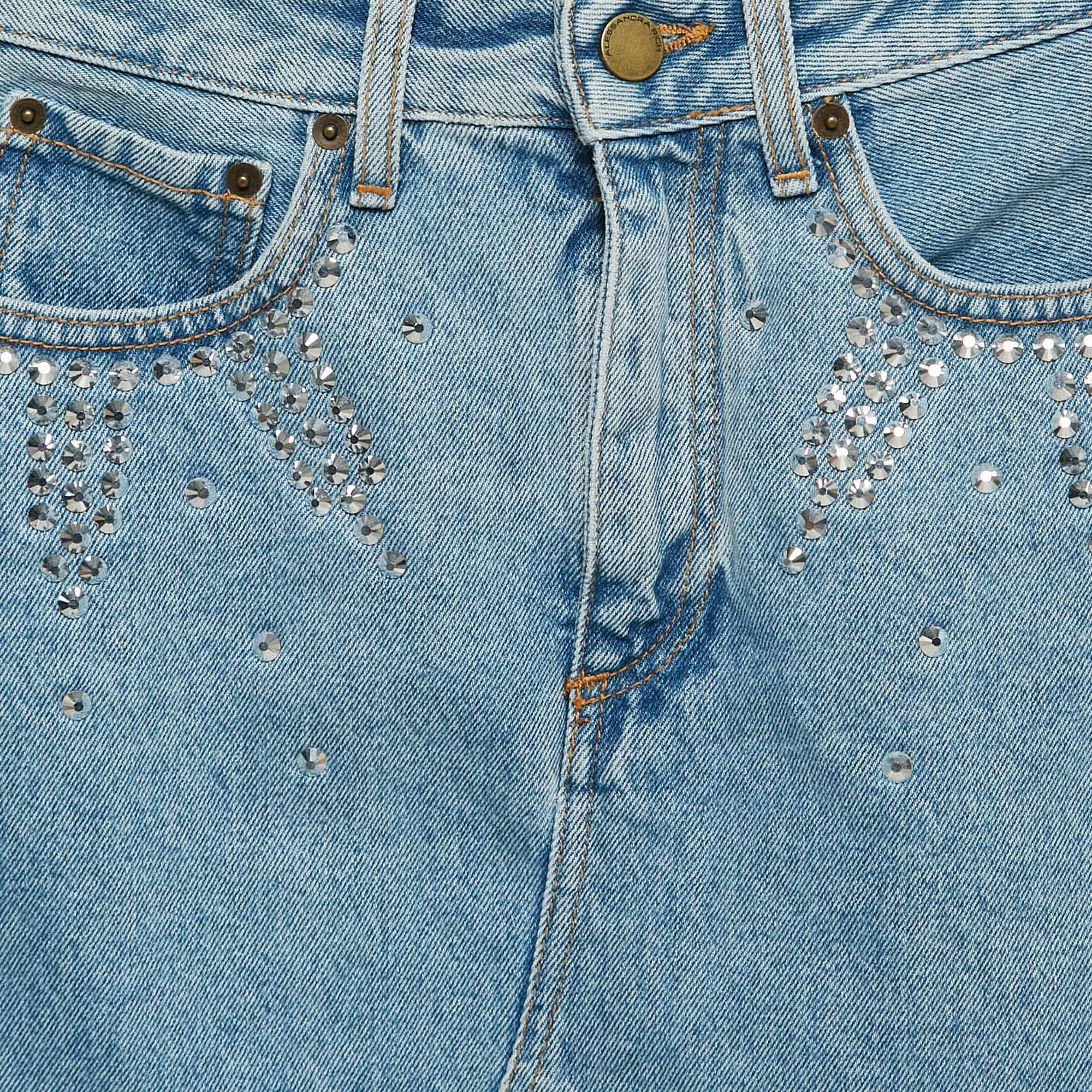 Blue Embellished Denim Mini Skirt S Waist 26"