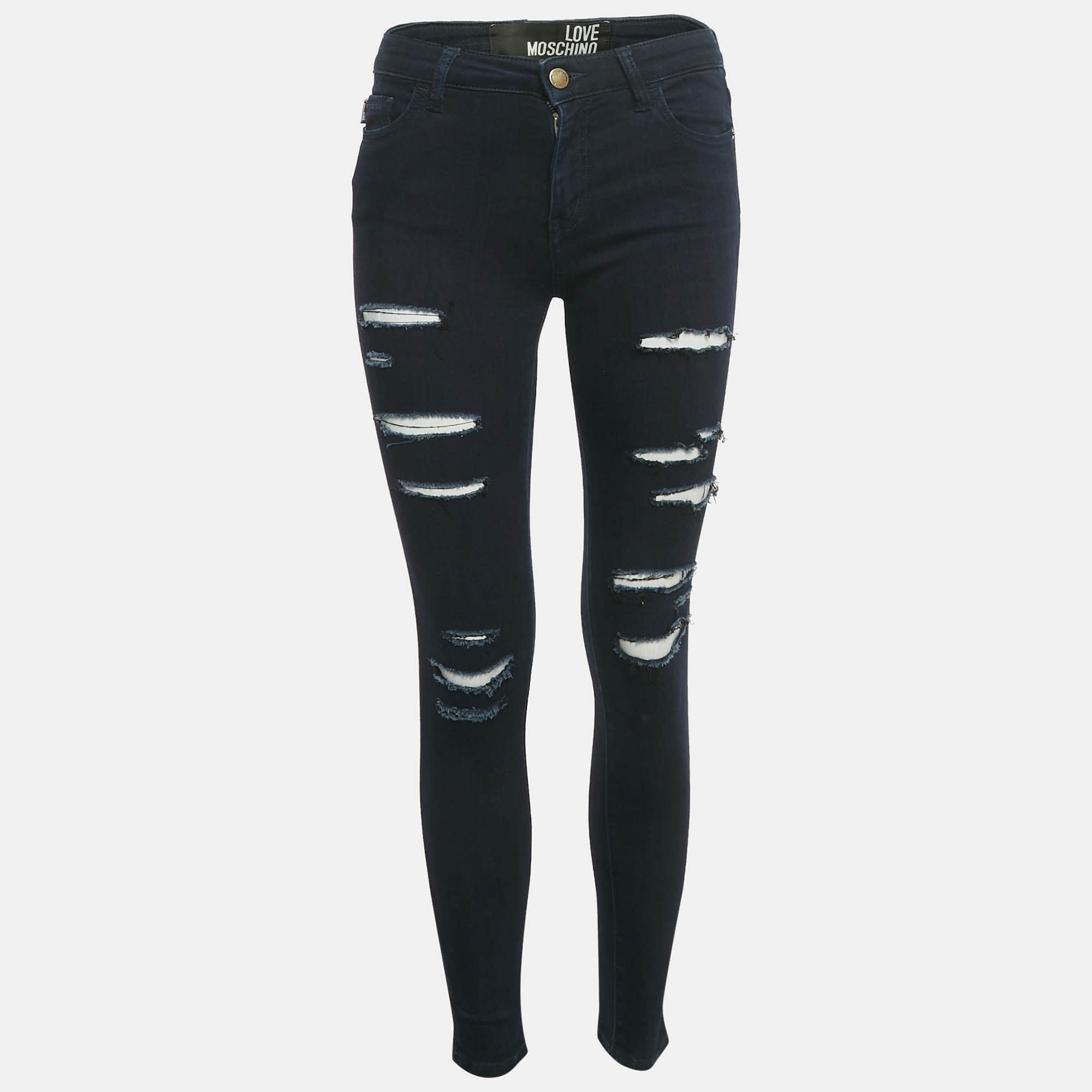 Blue Dark Blue Distressed Denim Skinny Jeans S Waist 26"
