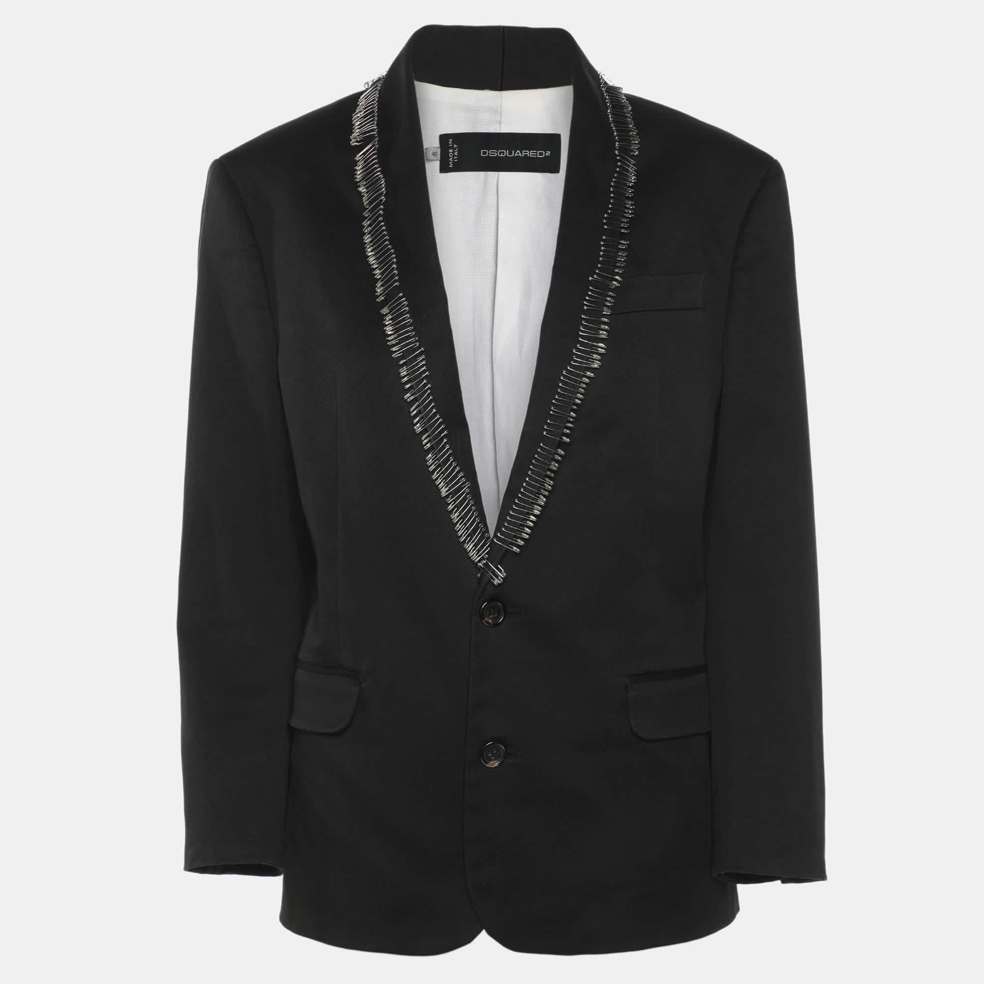 GABARDINE Black Gabardine Fabric Safety Pin Collar Blazer