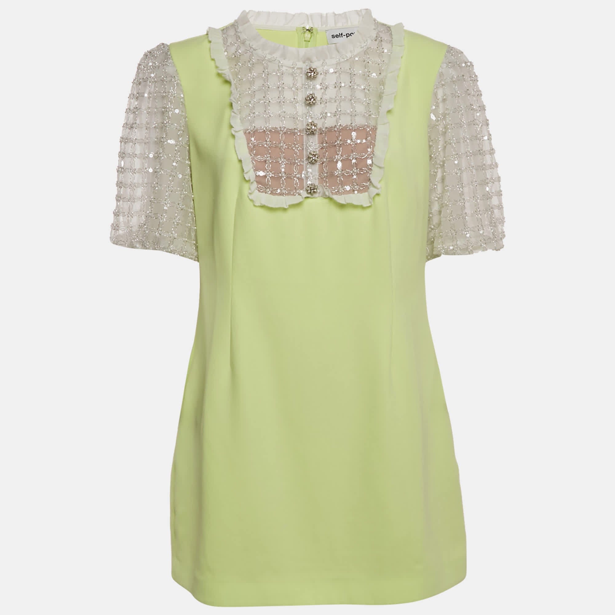 Lime Green Embellished Tulle Crepe Mini Dress