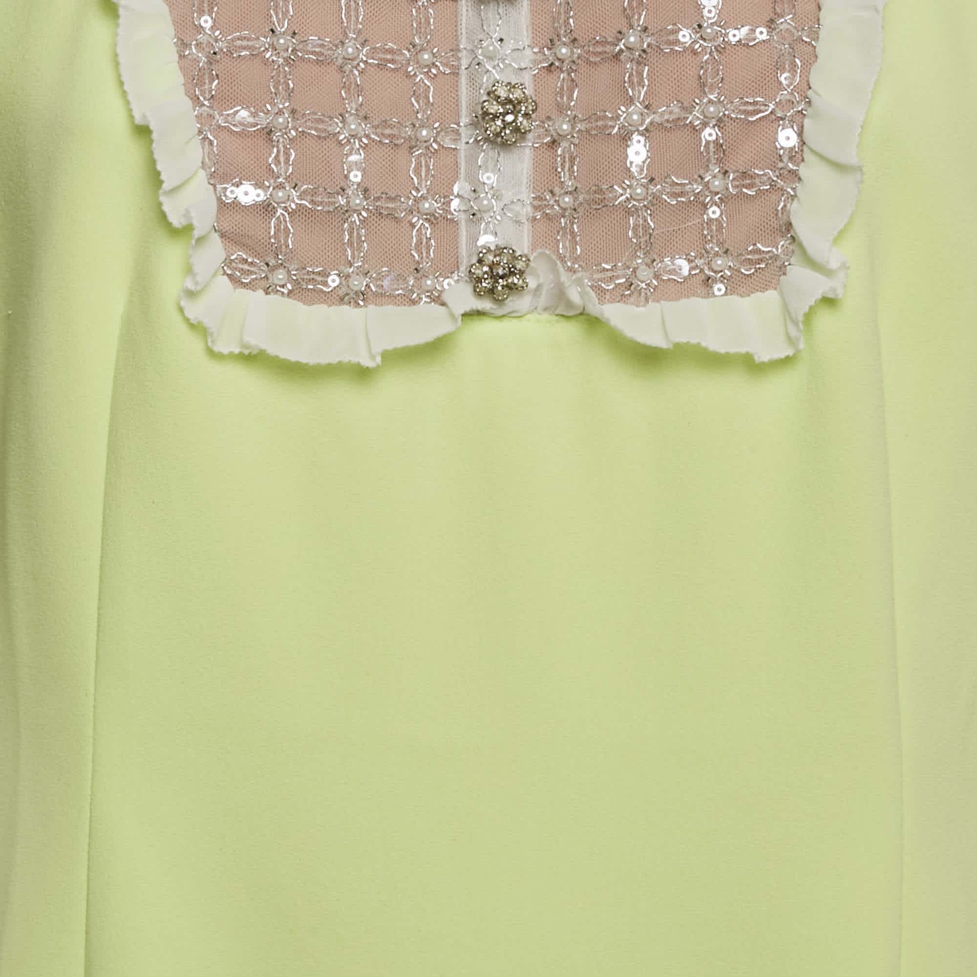 Lime Green Embellished Tulle Crepe Mini Dress