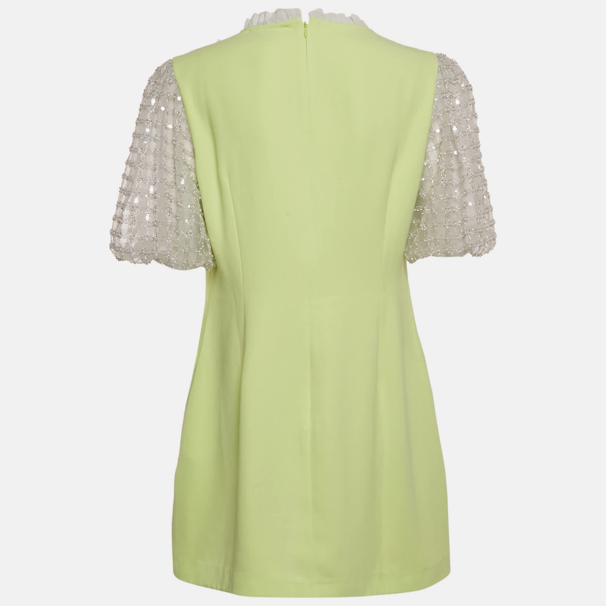 Lime Green Embellished Tulle Crepe Mini Dress