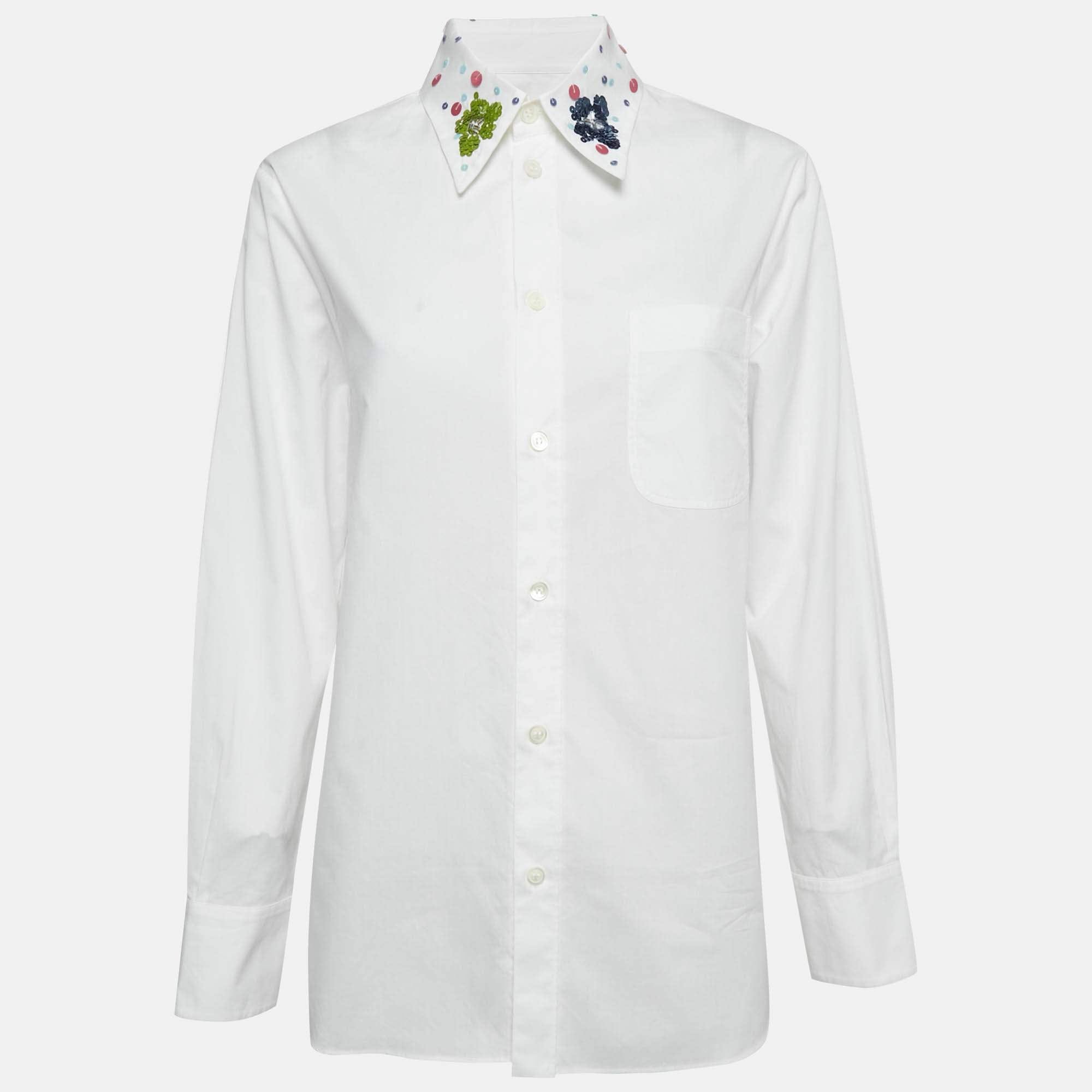 White Cotton Sequined Collar Full Sleeve Shirt
