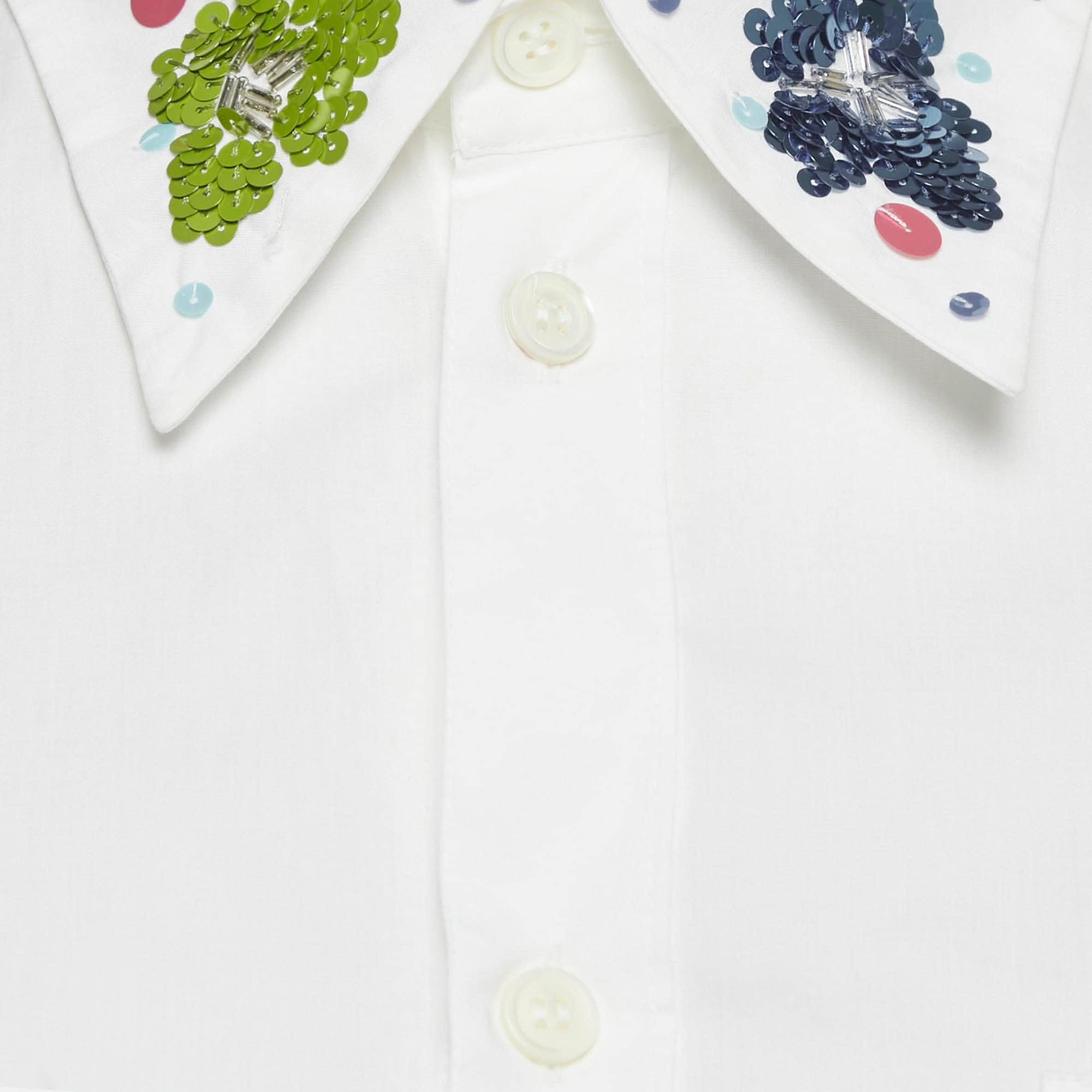 White Cotton Sequined Collar Full Sleeve Shirt