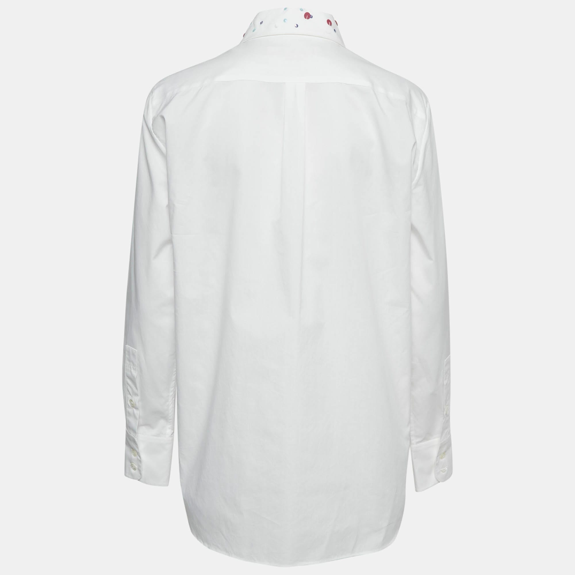 White Cotton Sequined Collar Full Sleeve Shirt
