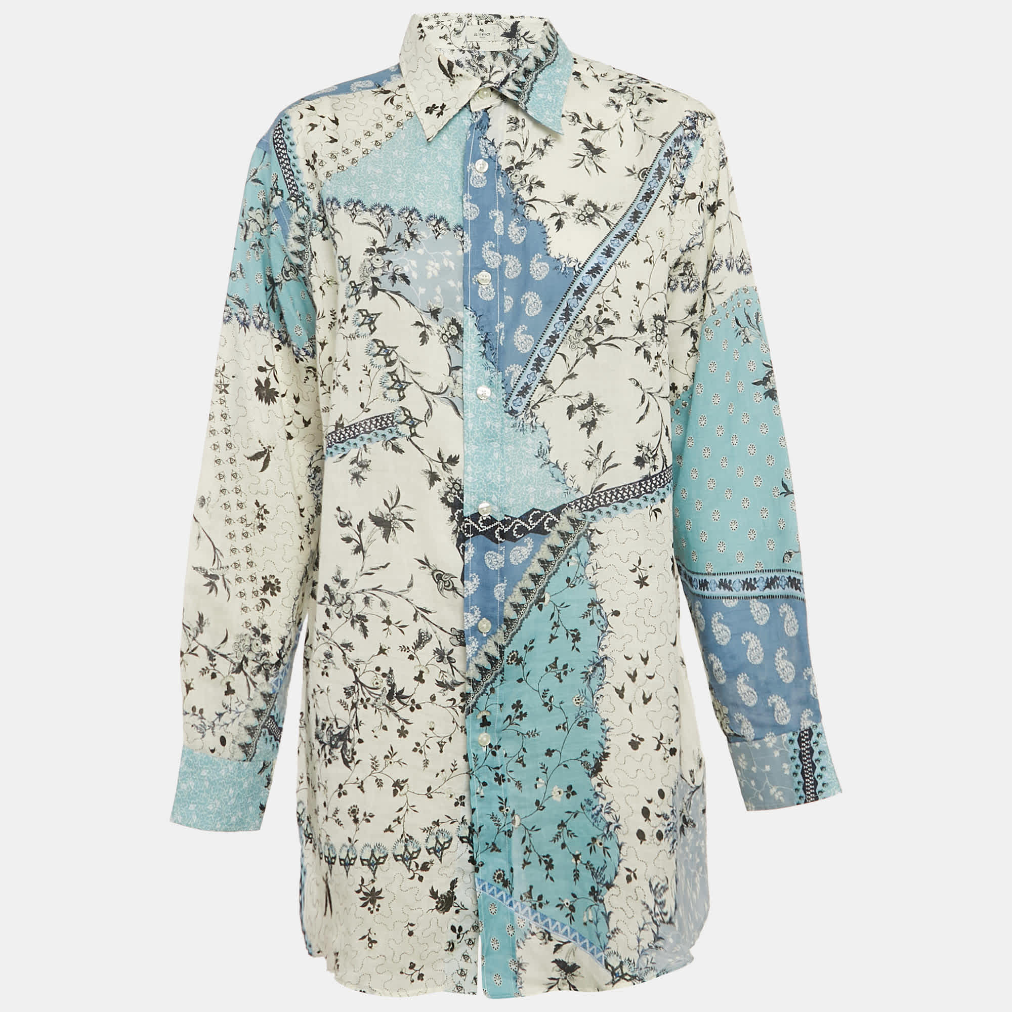 Blue/multicolor Printed Ramie Button Front Tunic Shirt