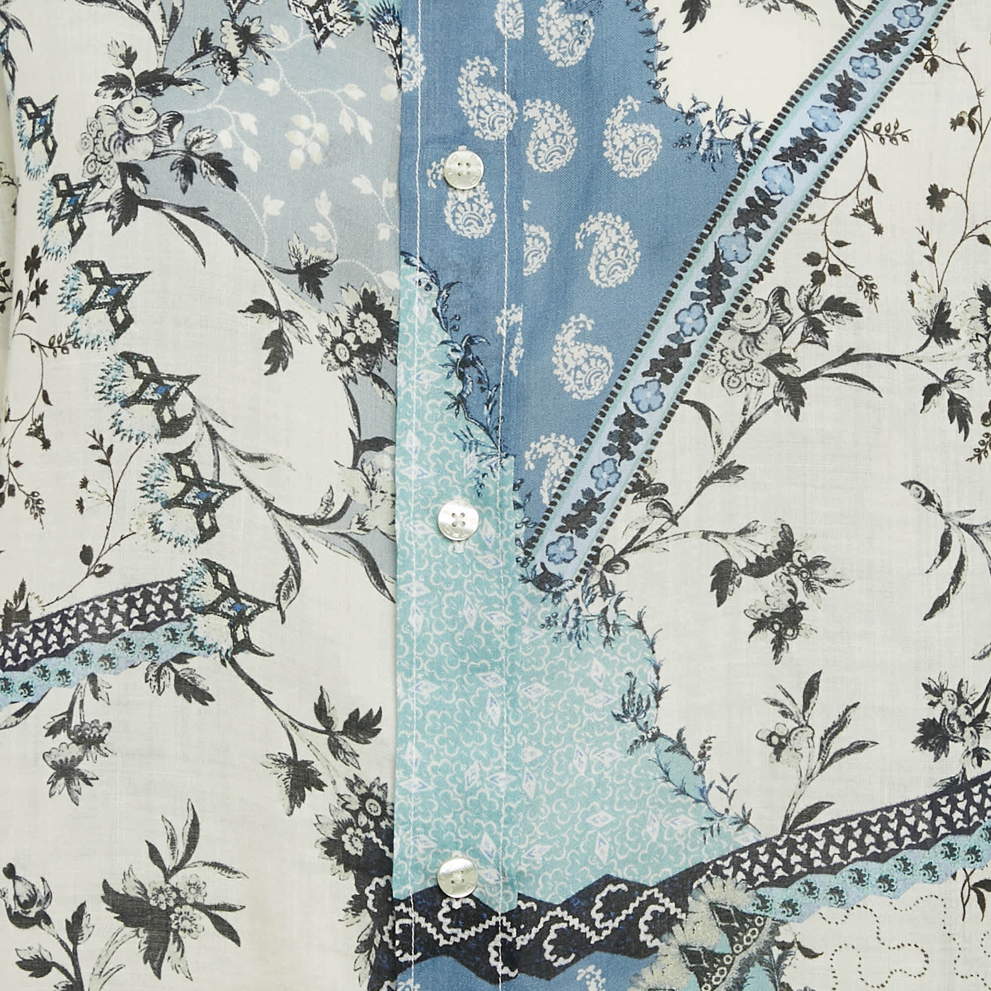 Blue/multicolor Printed Ramie Button Front Tunic Shirt