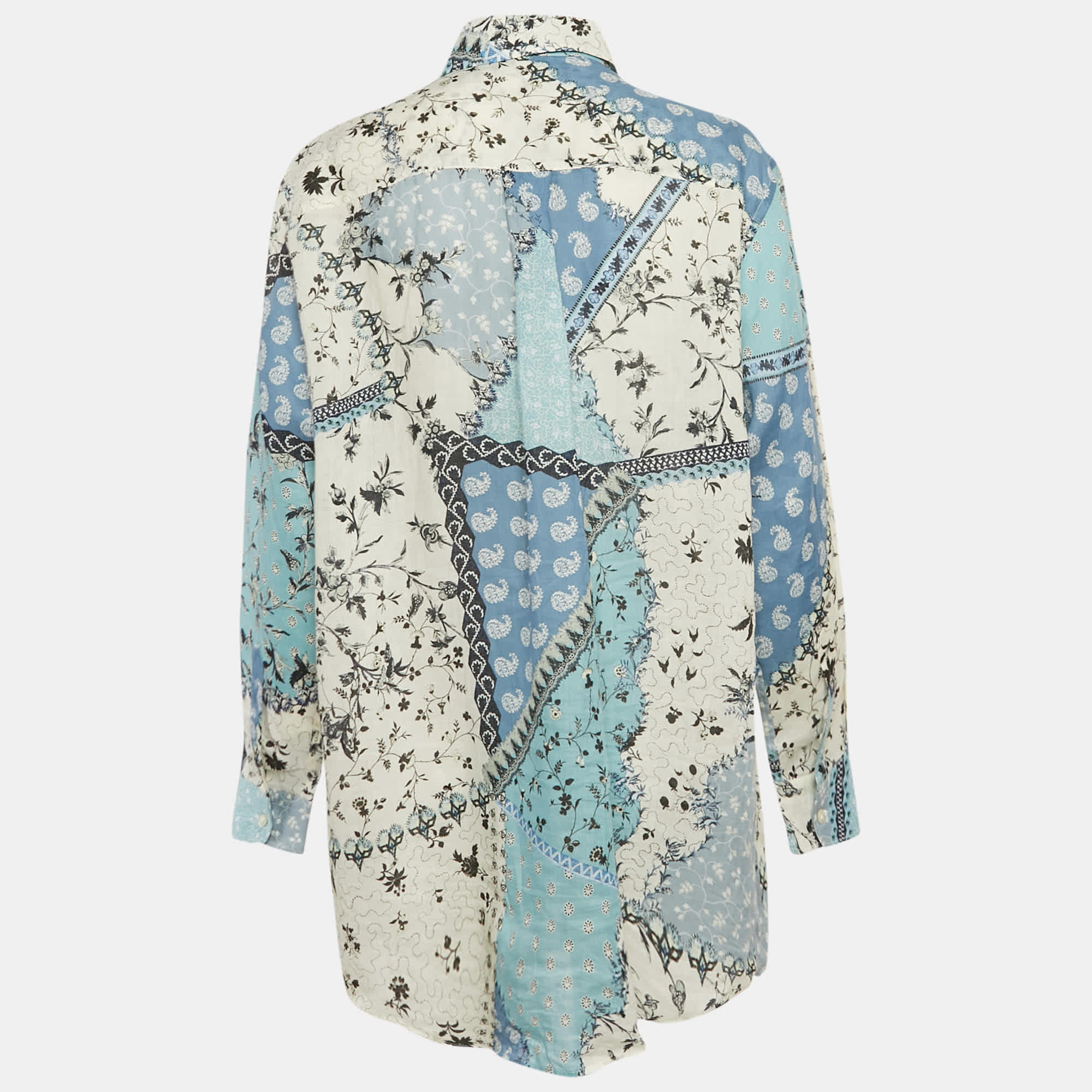 Blue/multicolor Printed Ramie Button Front Tunic Shirt