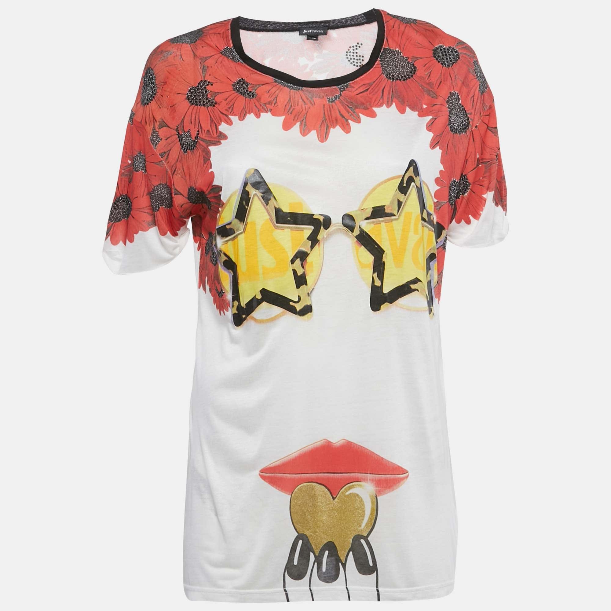 White Printed Embellished Jersey T - Shirt