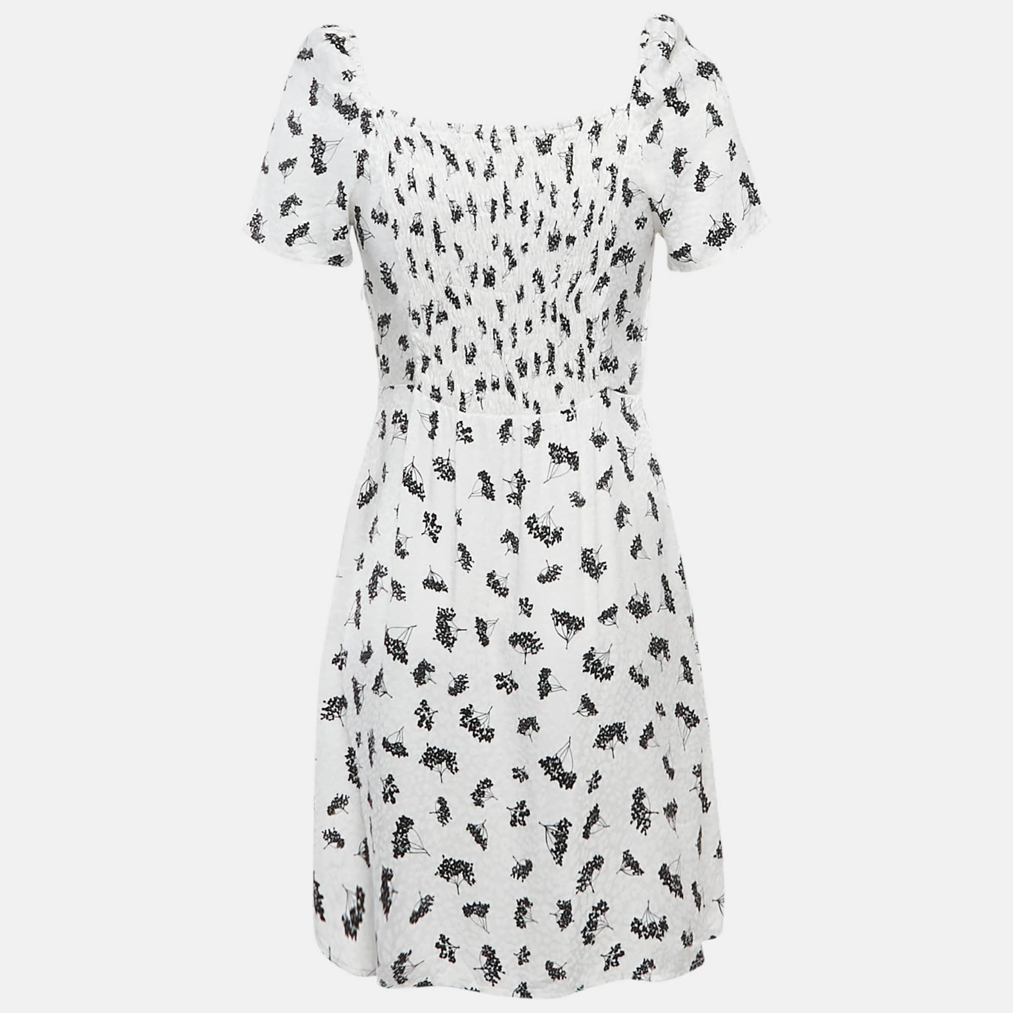 White Patterned Crepe Printed Smocked Mini Dress