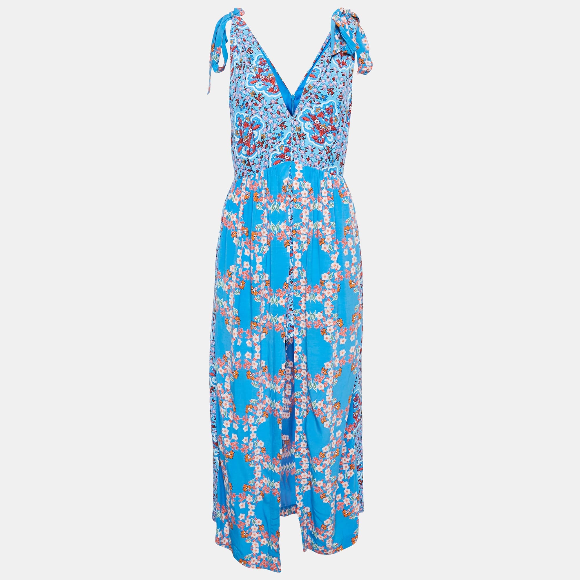Blue Navy Blue Floral Print Crepe Layered Midi Dress