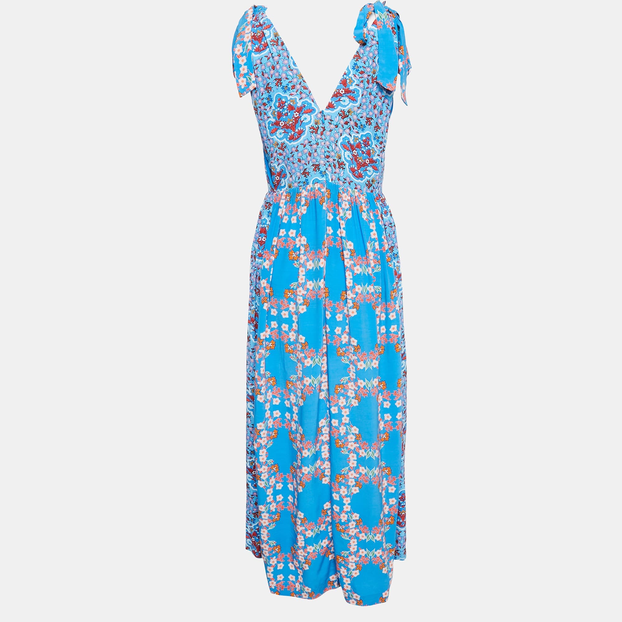 Blue Navy Blue Floral Print Crepe Layered Midi Dress