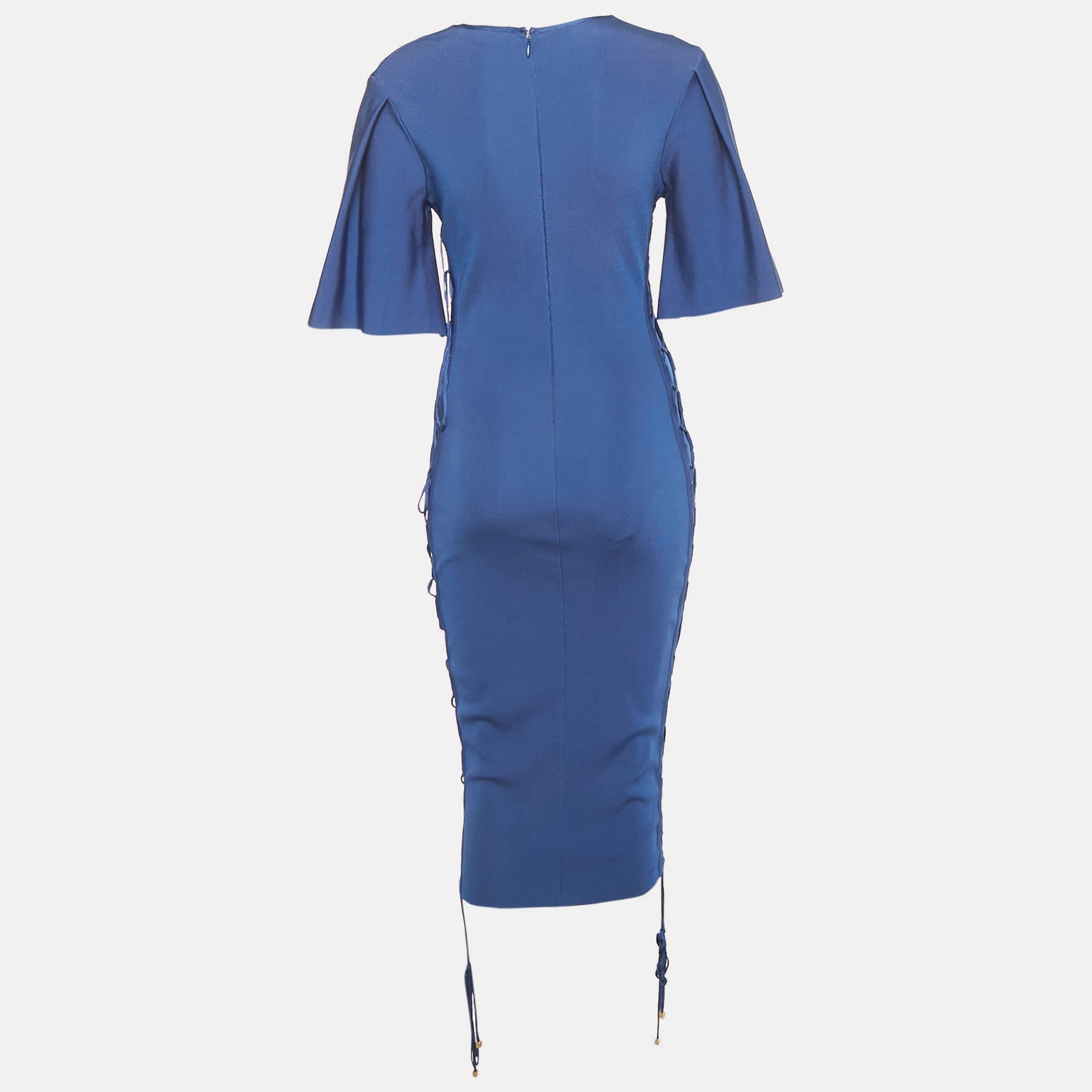 Blue Jersey Lace Up Detail Bodycon Dress