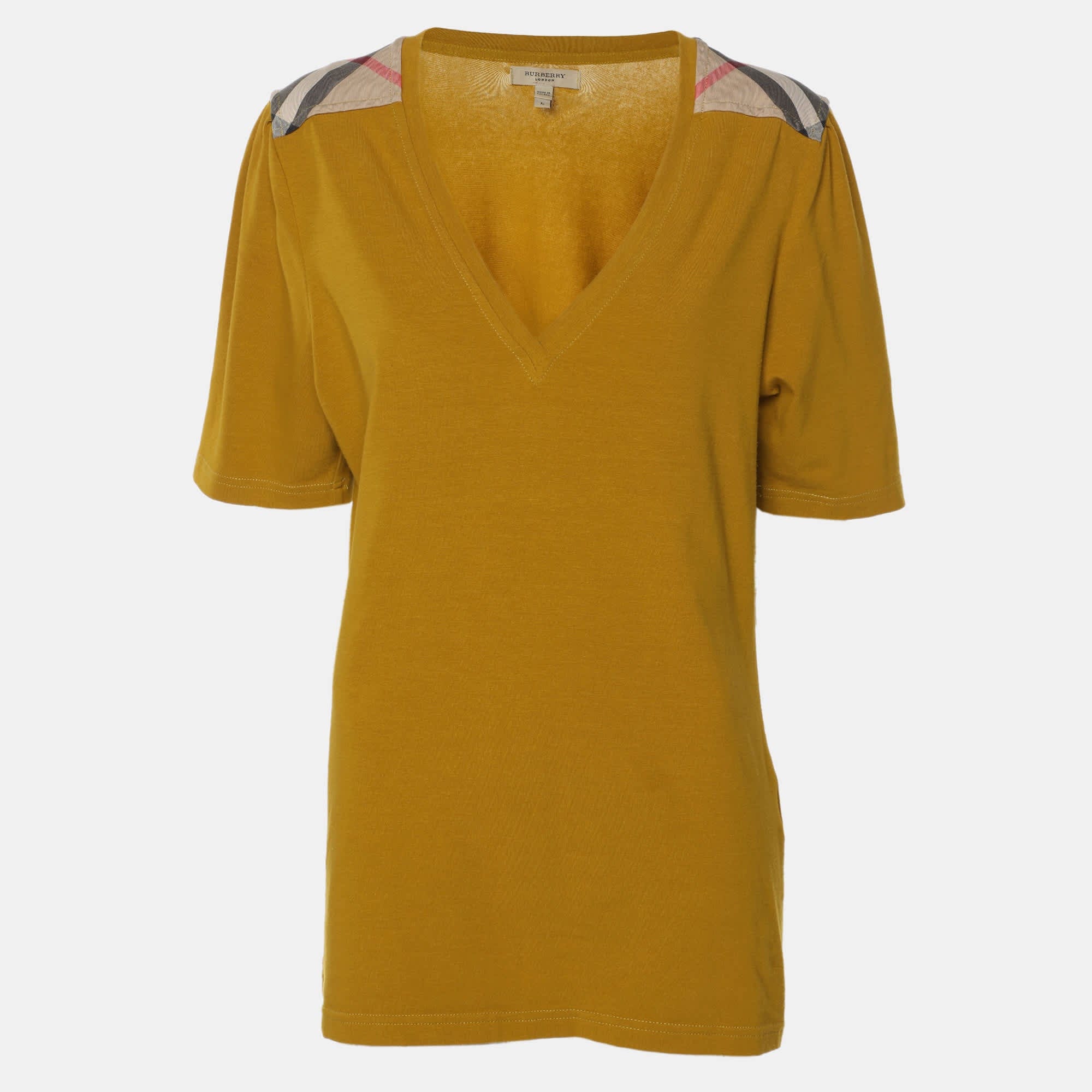 Yellow Cotton Blend Shoulder Patch V - Neck T - Shirt