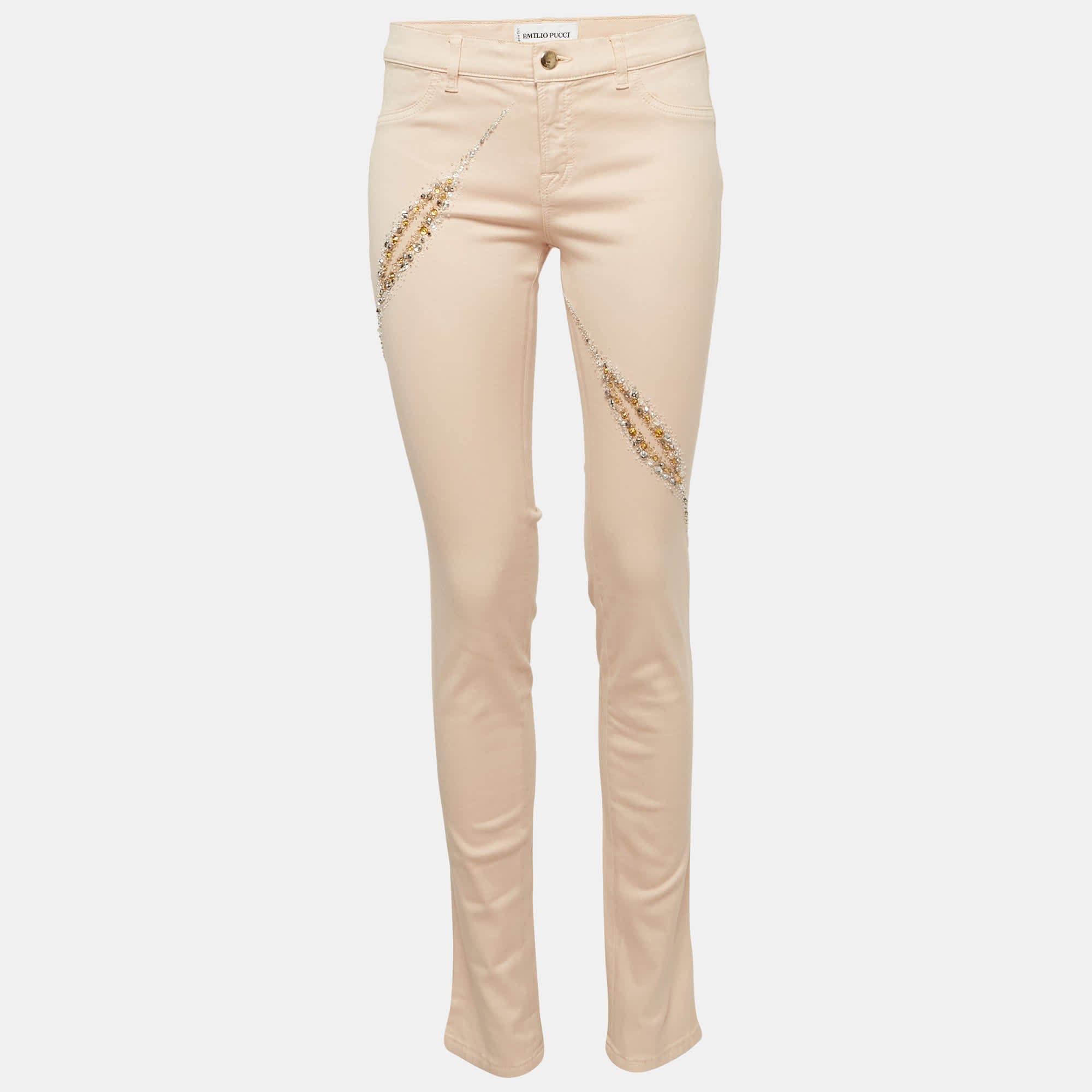 Emilio Pucci Light Peach Cotton Embroidered Fitted Jeans M/waist