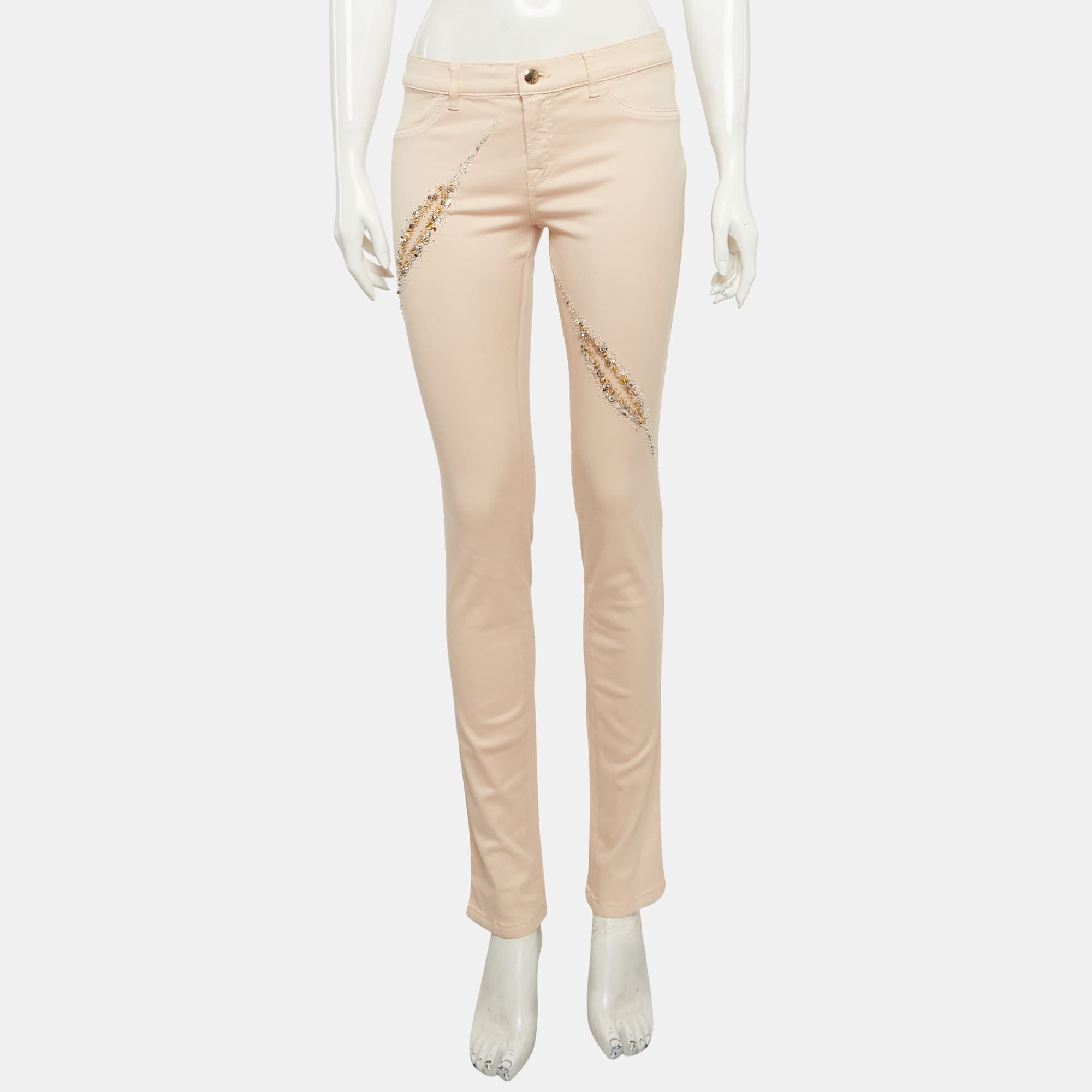 Emilio Pucci Light Peach Cotton Embroidered Fitted Jeans M/waist