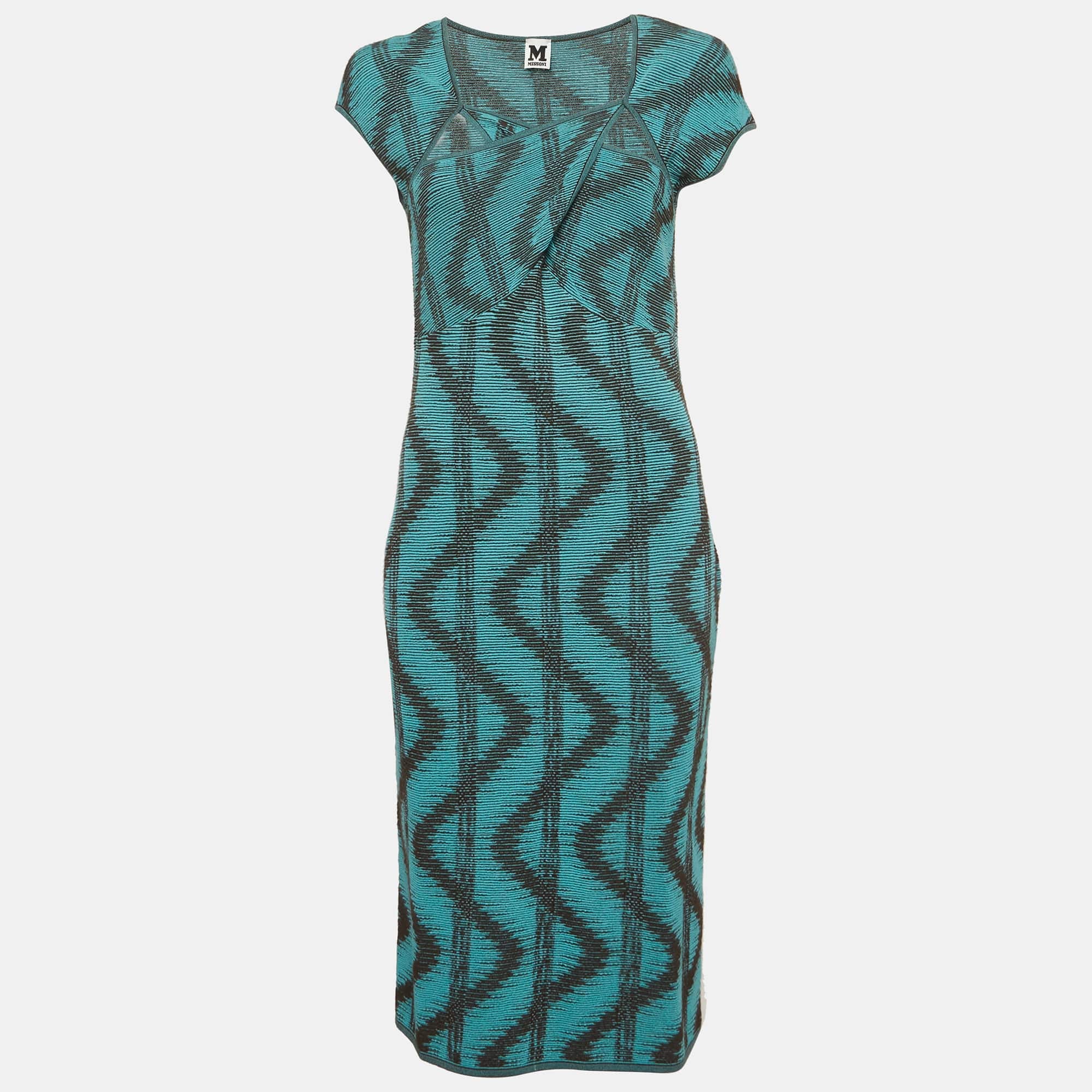M Missoni Blue Zig Zag Lurex Knit Midi Dress
