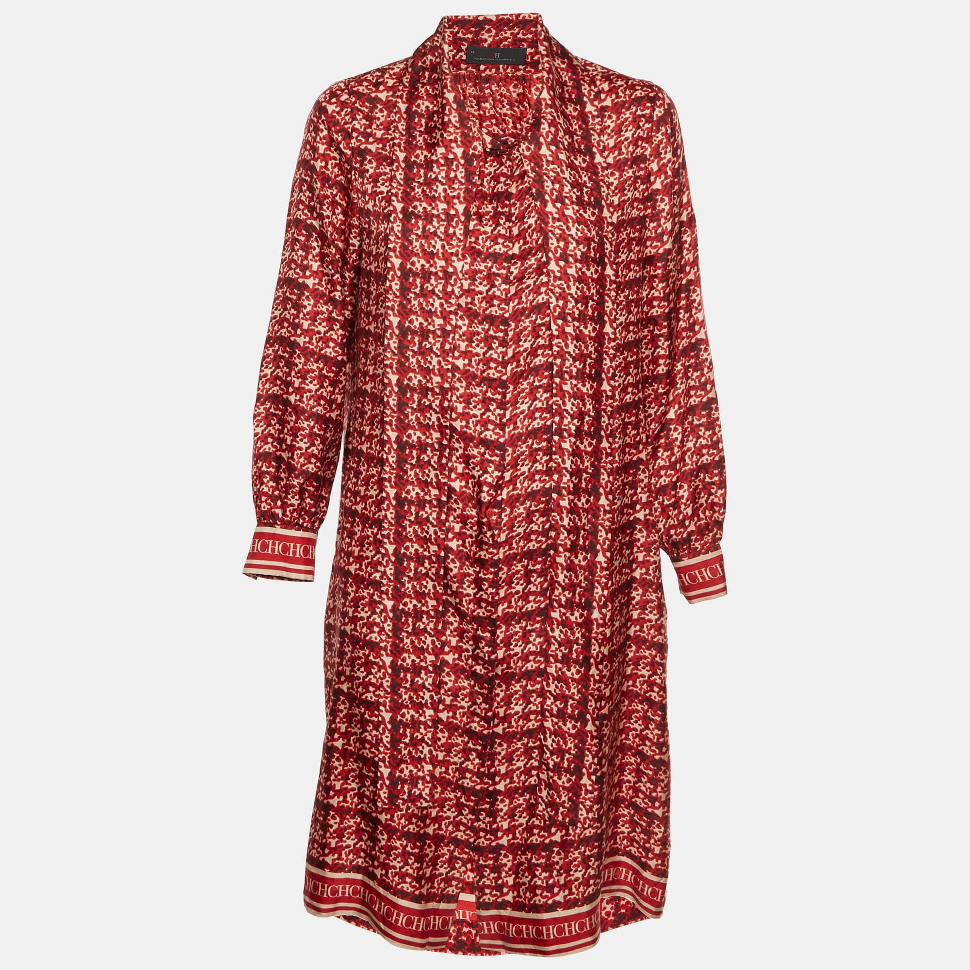 Ch Carolina Herrera Red Abstract Printed Silk Button Front Tunic Dress