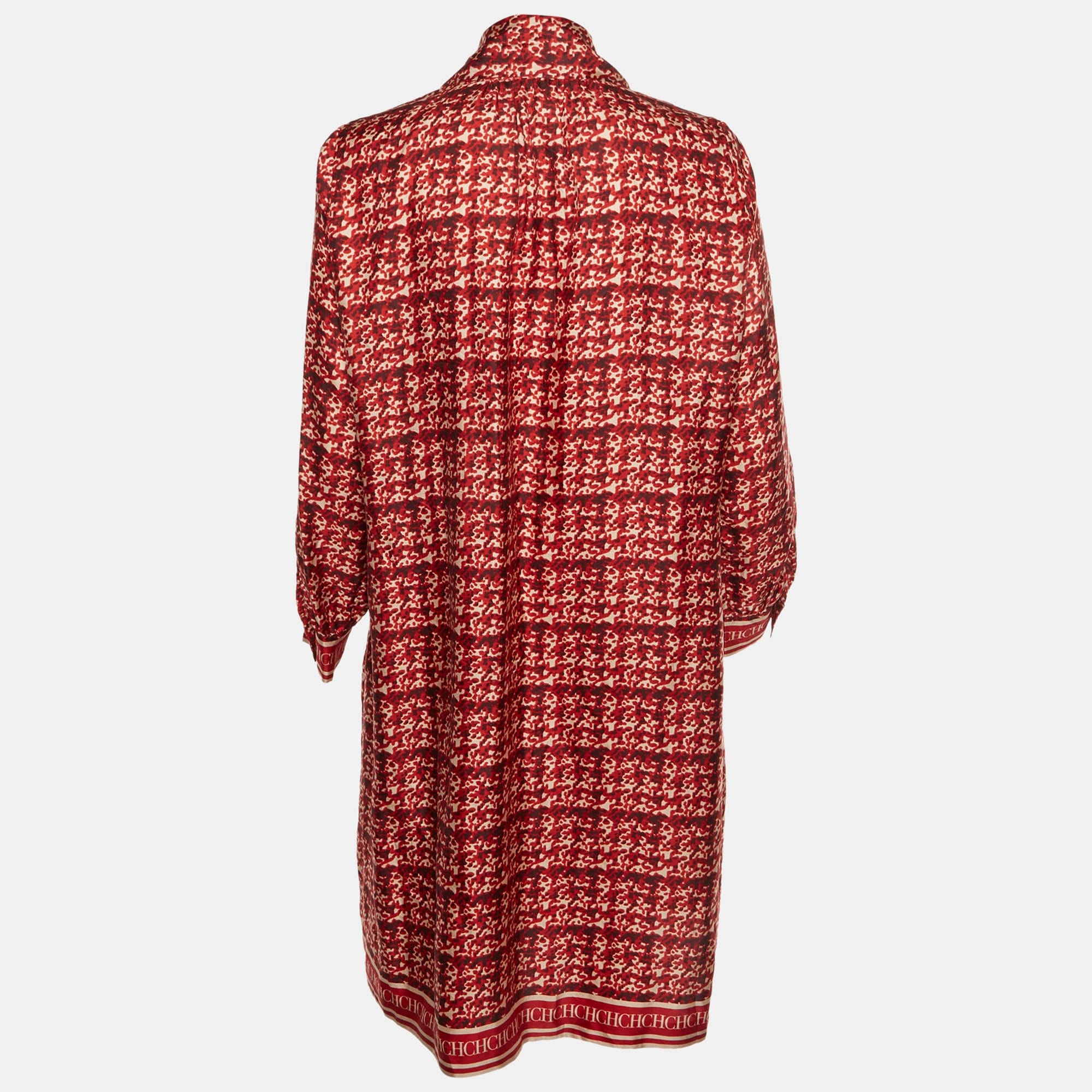 Ch Carolina Herrera Red Abstract Printed Silk Button Front Tunic Dress