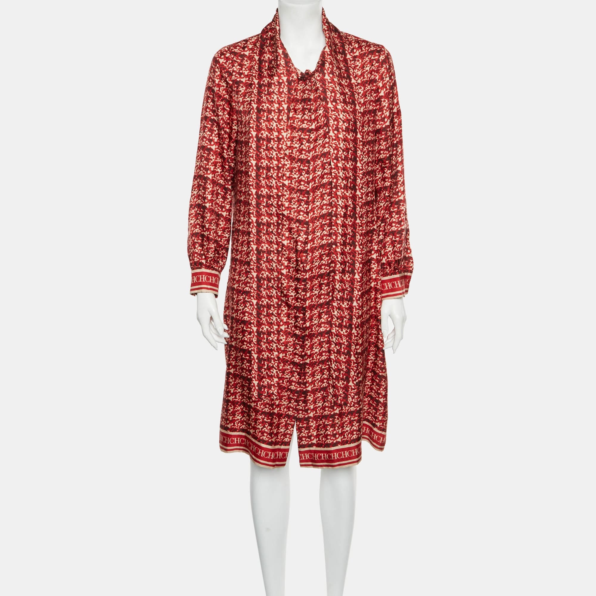 Ch Carolina Herrera Red Abstract Printed Silk Button Front Tunic Dress