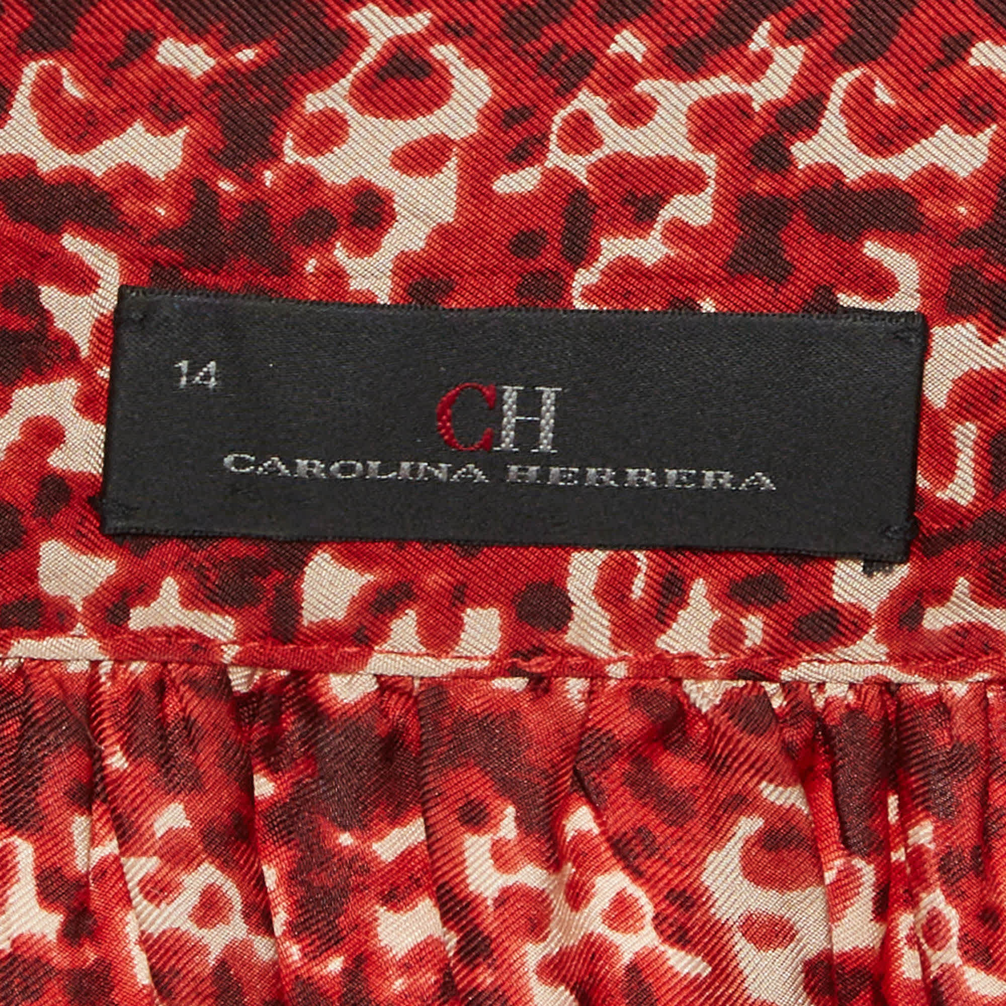 Ch Carolina Herrera Red Abstract Printed Silk Button Front Tunic Dress