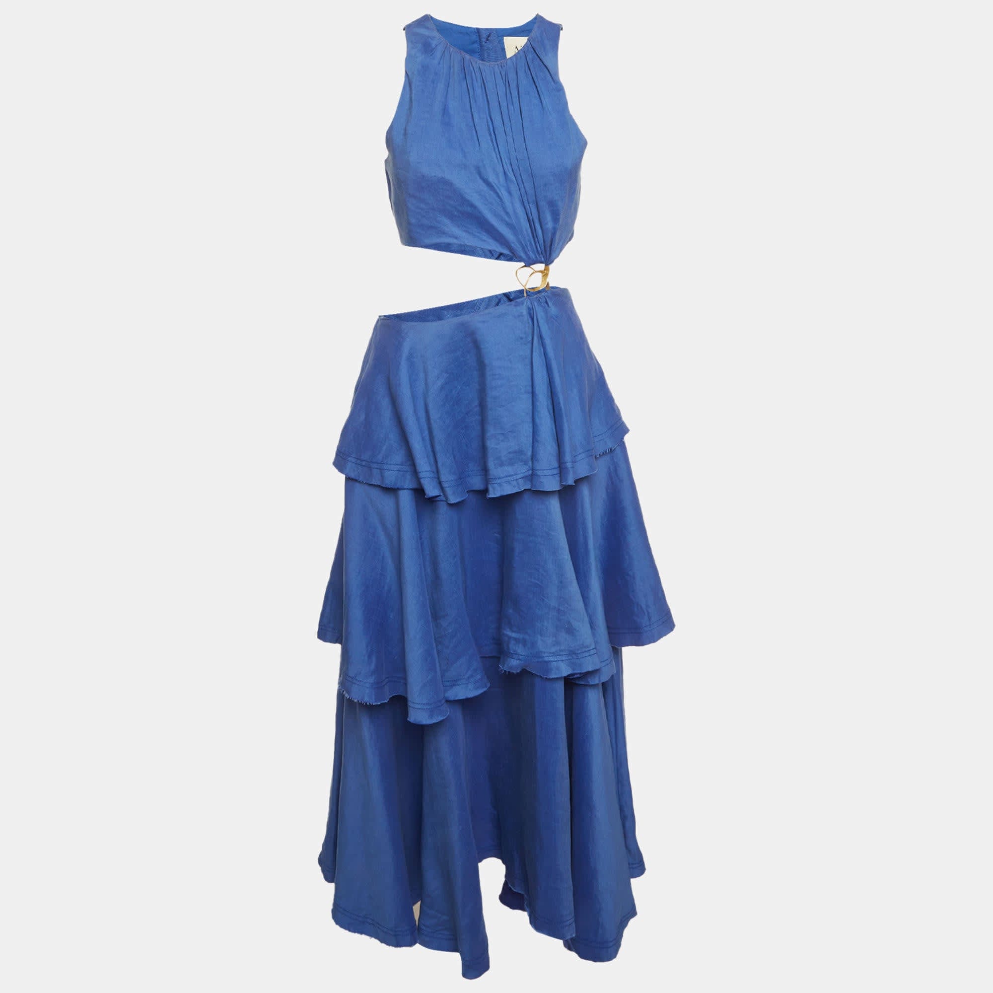 BLEND Aje Blue Linen Blend Wave Cut Out Midi Dress