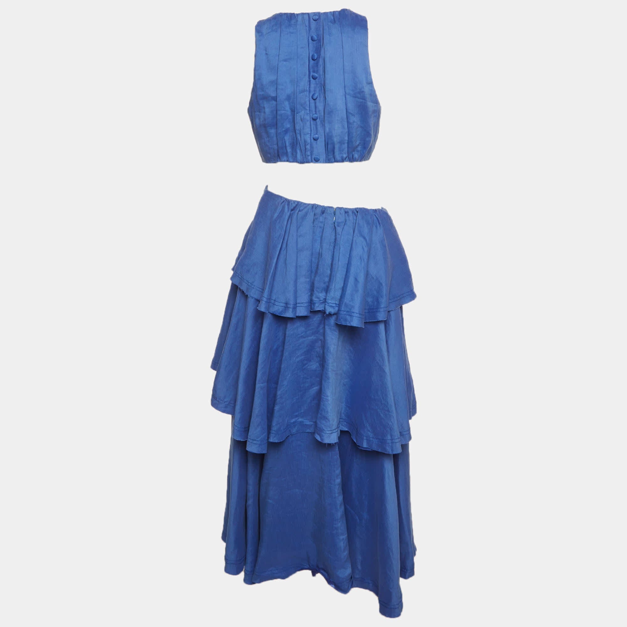 BLEND Aje Blue Linen Blend Wave Cut Out Midi Dress