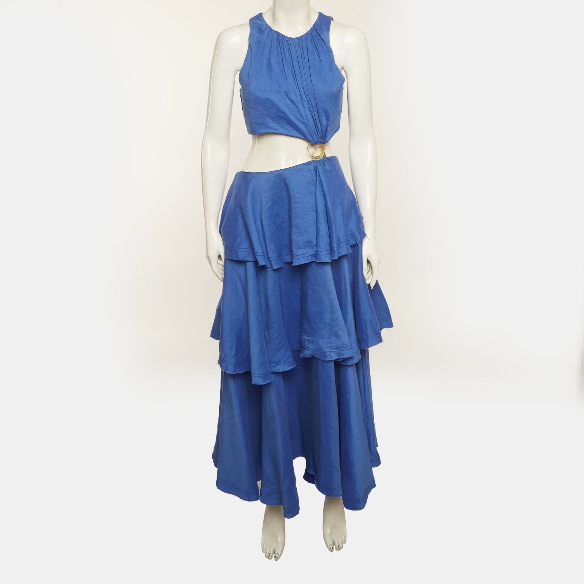 BLEND Aje Blue Linen Blend Wave Cut Out Midi Dress