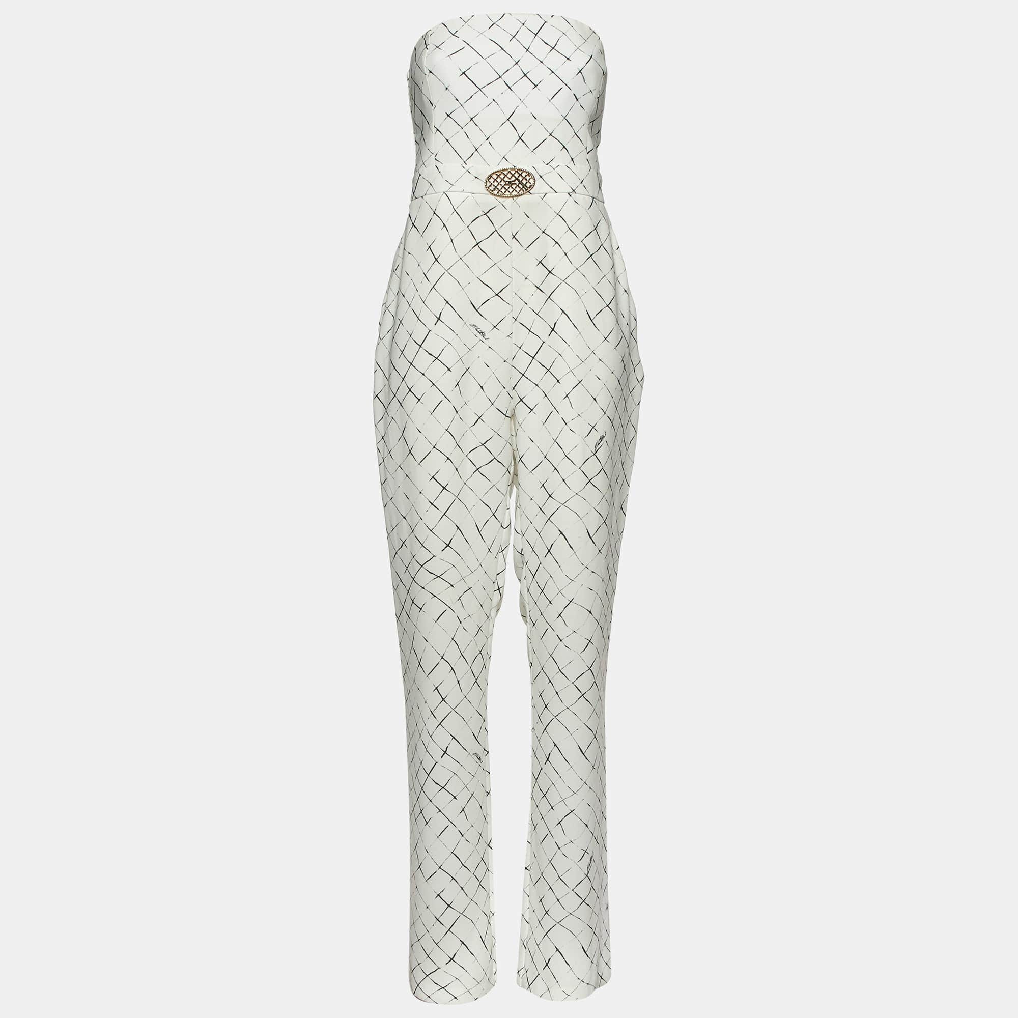 White Printed Crepe Strapless Jumpsuit Xl