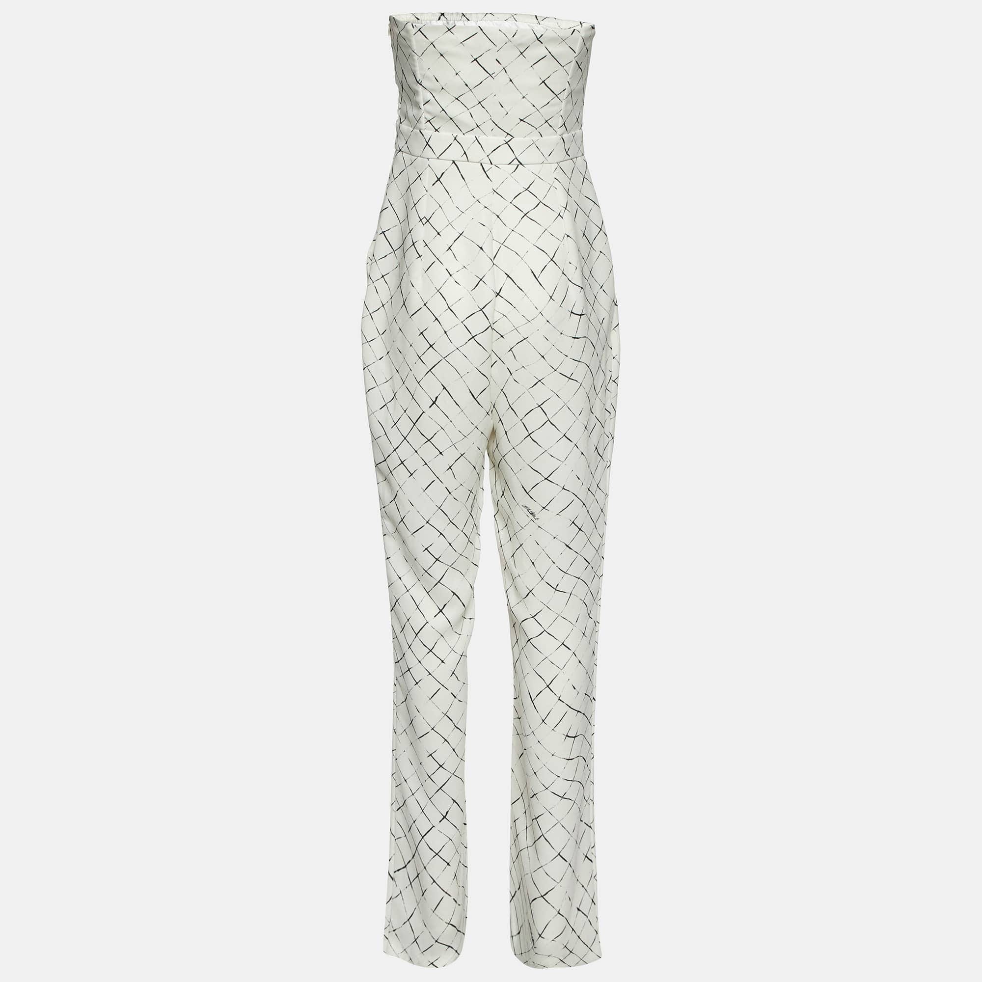 White Printed Crepe Strapless Jumpsuit Xl