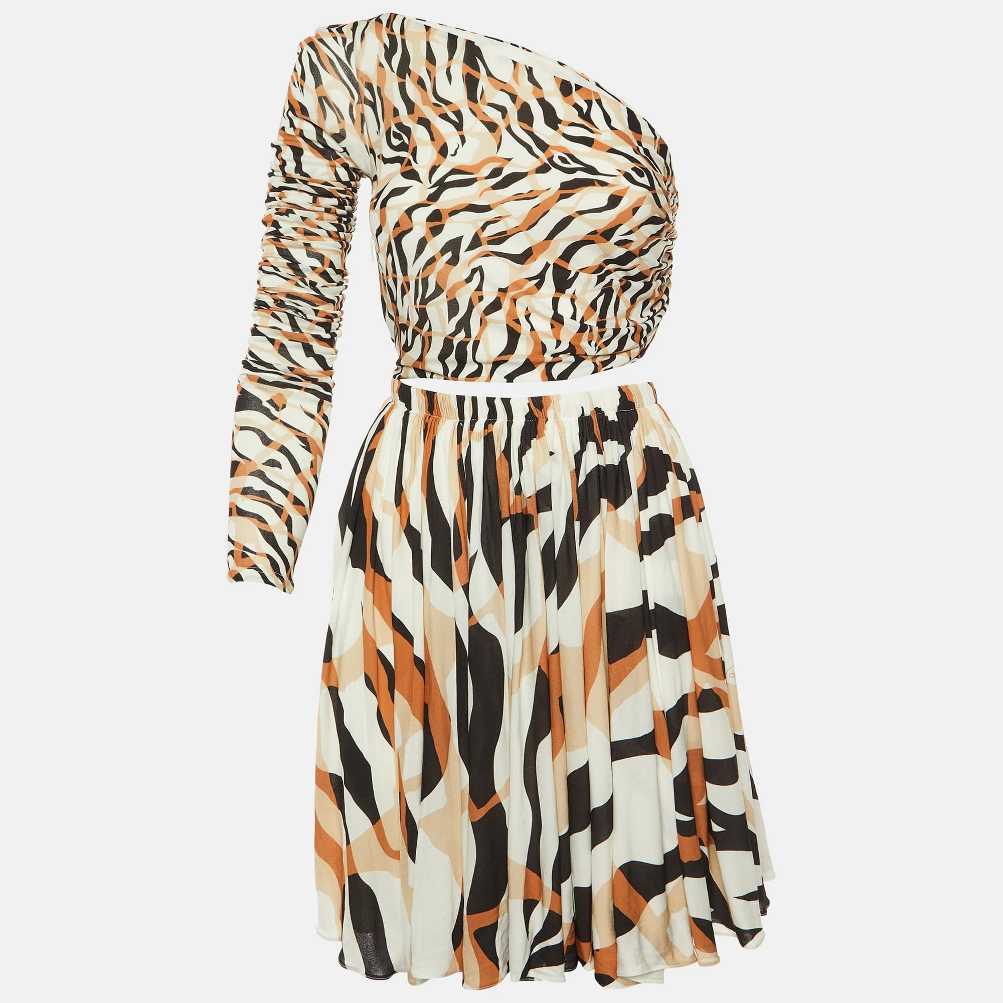 White Macro Tiger Twiga Print Knit Cut - Out Mini Dress
