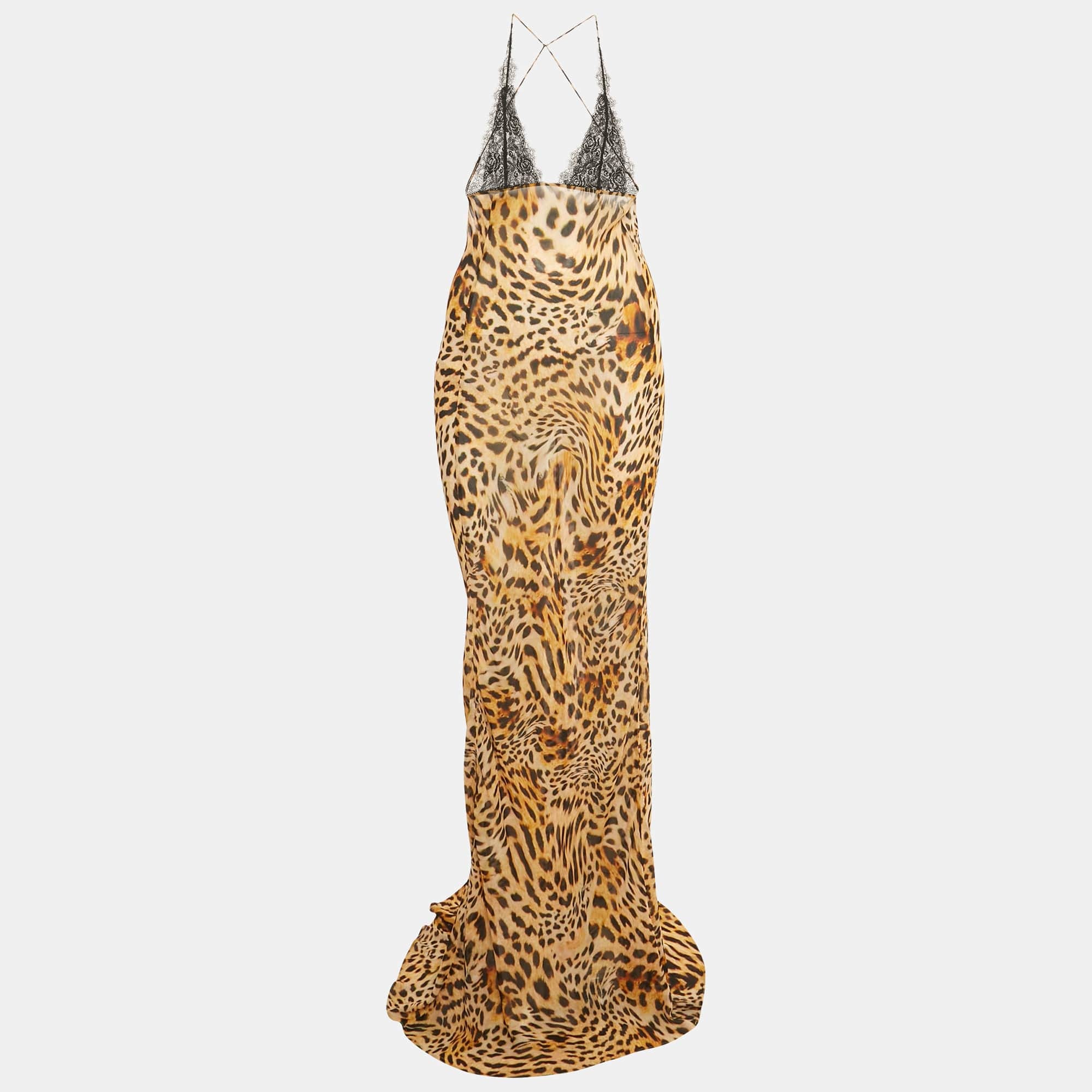 SLIP Brown /black Animal Print Crepe & Lace Akima Slip Dress