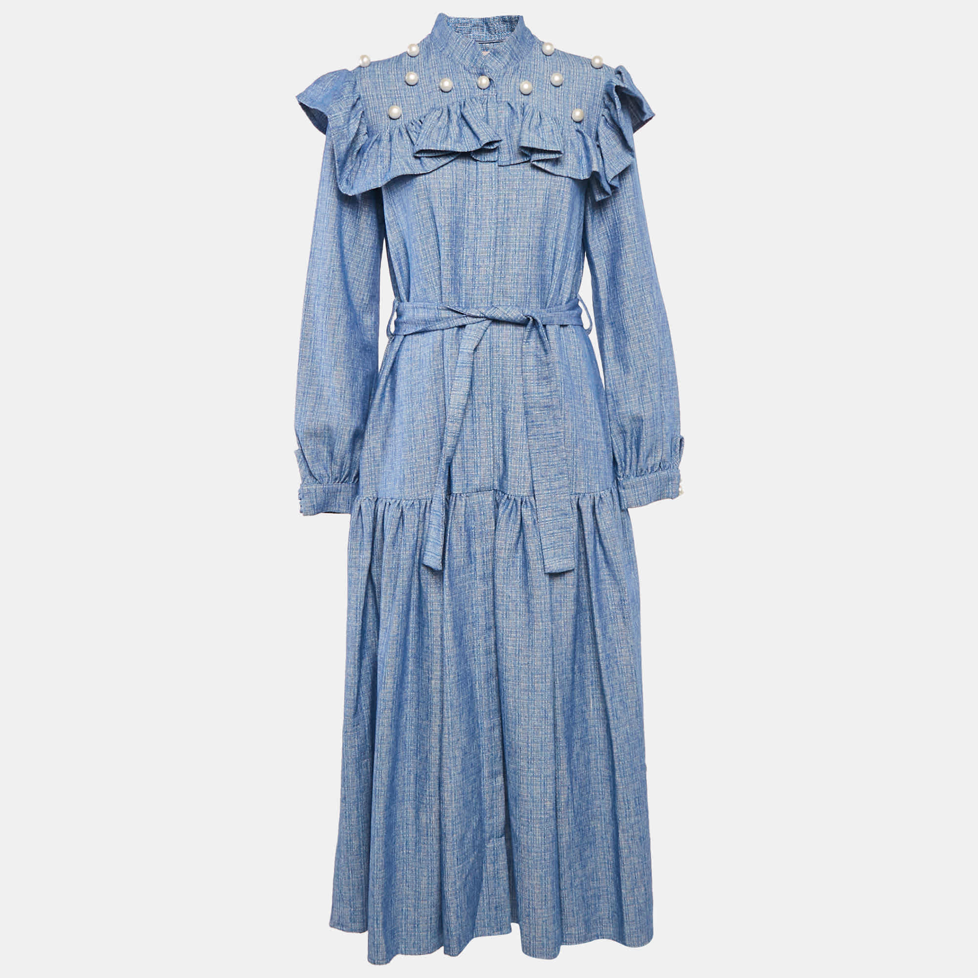 Blue Canvas Ruffled Bead Detail Maxi Dress