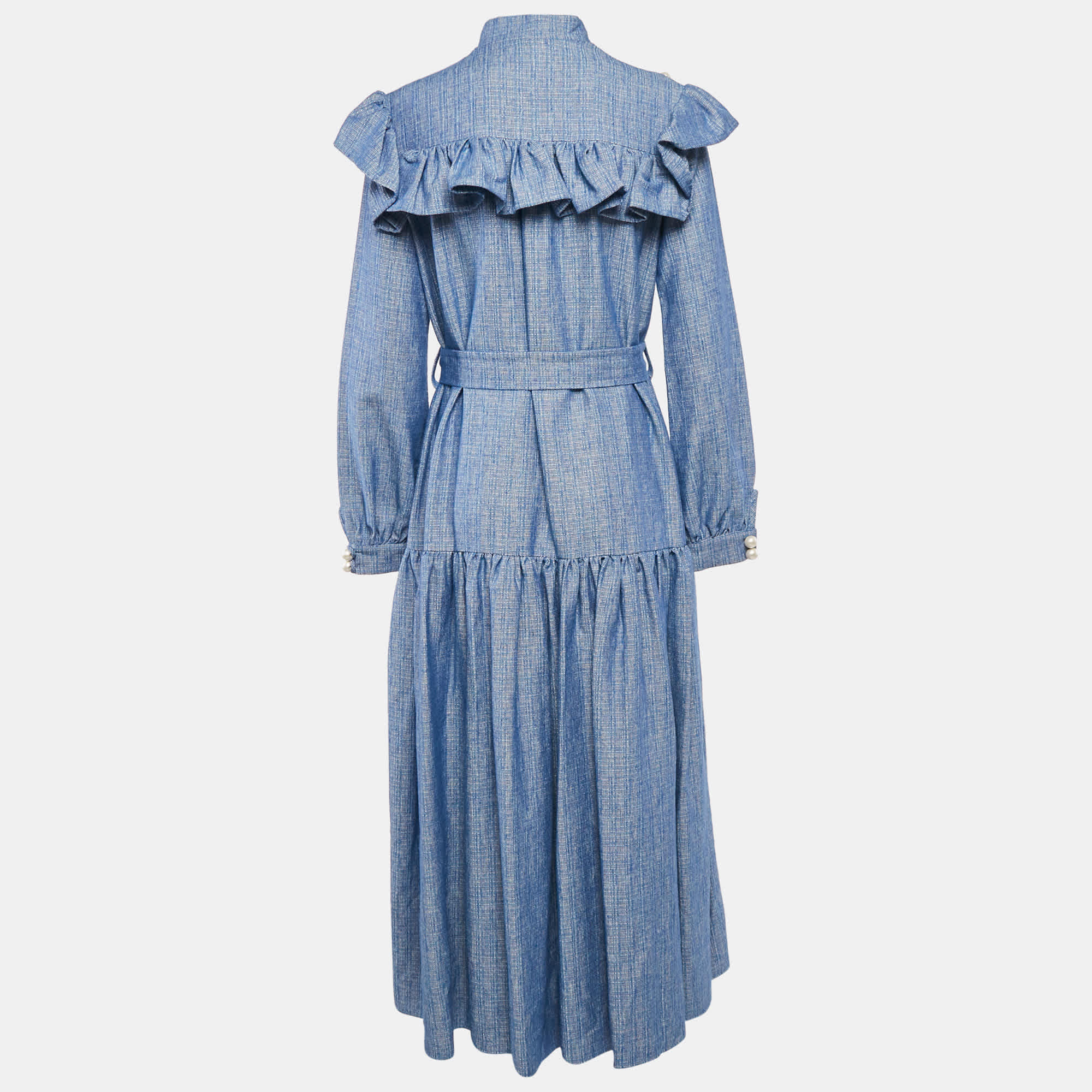 Blue Canvas Ruffled Bead Detail Maxi Dress