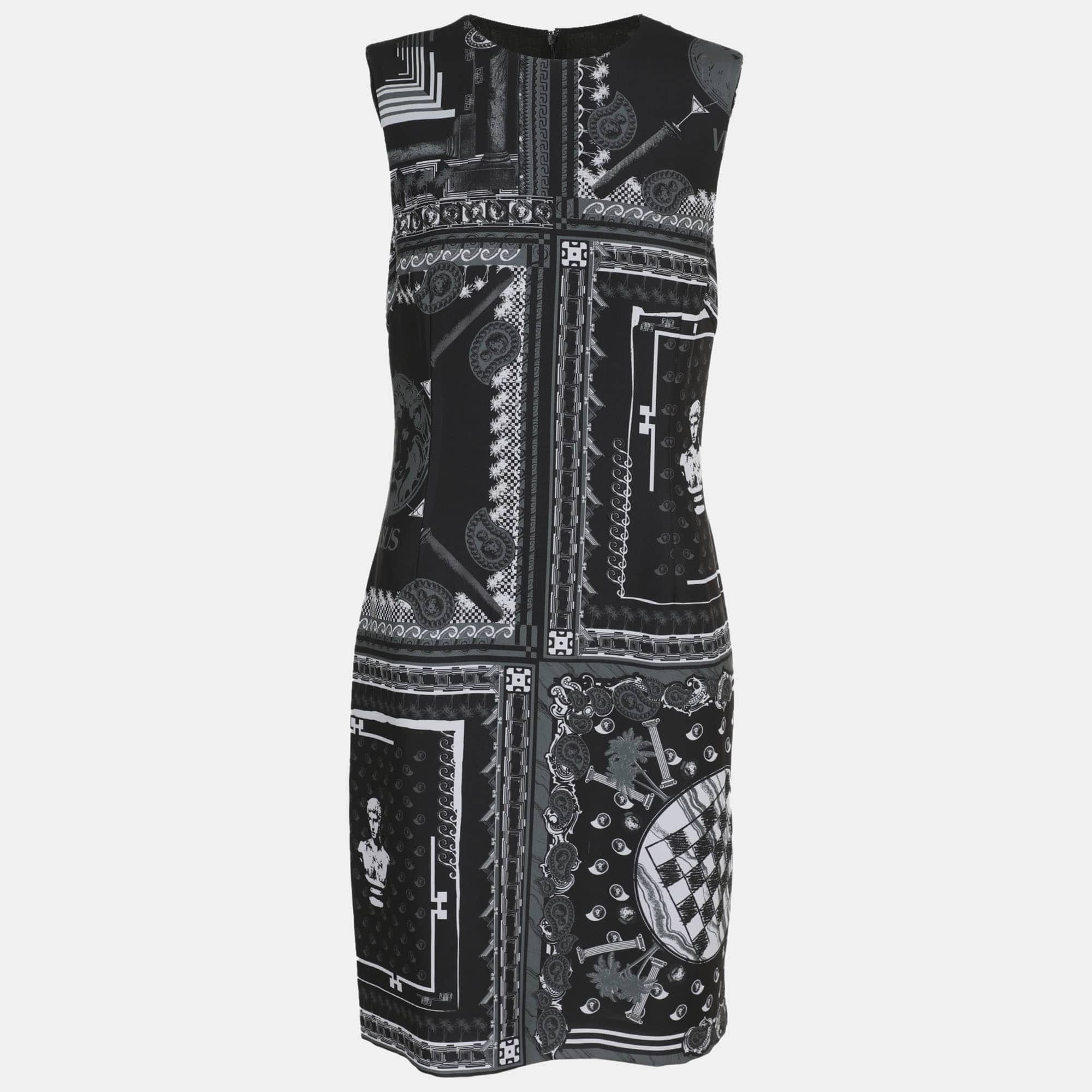 Versus Versace Black/grey Printed Satin Sleeveless Midi Dress