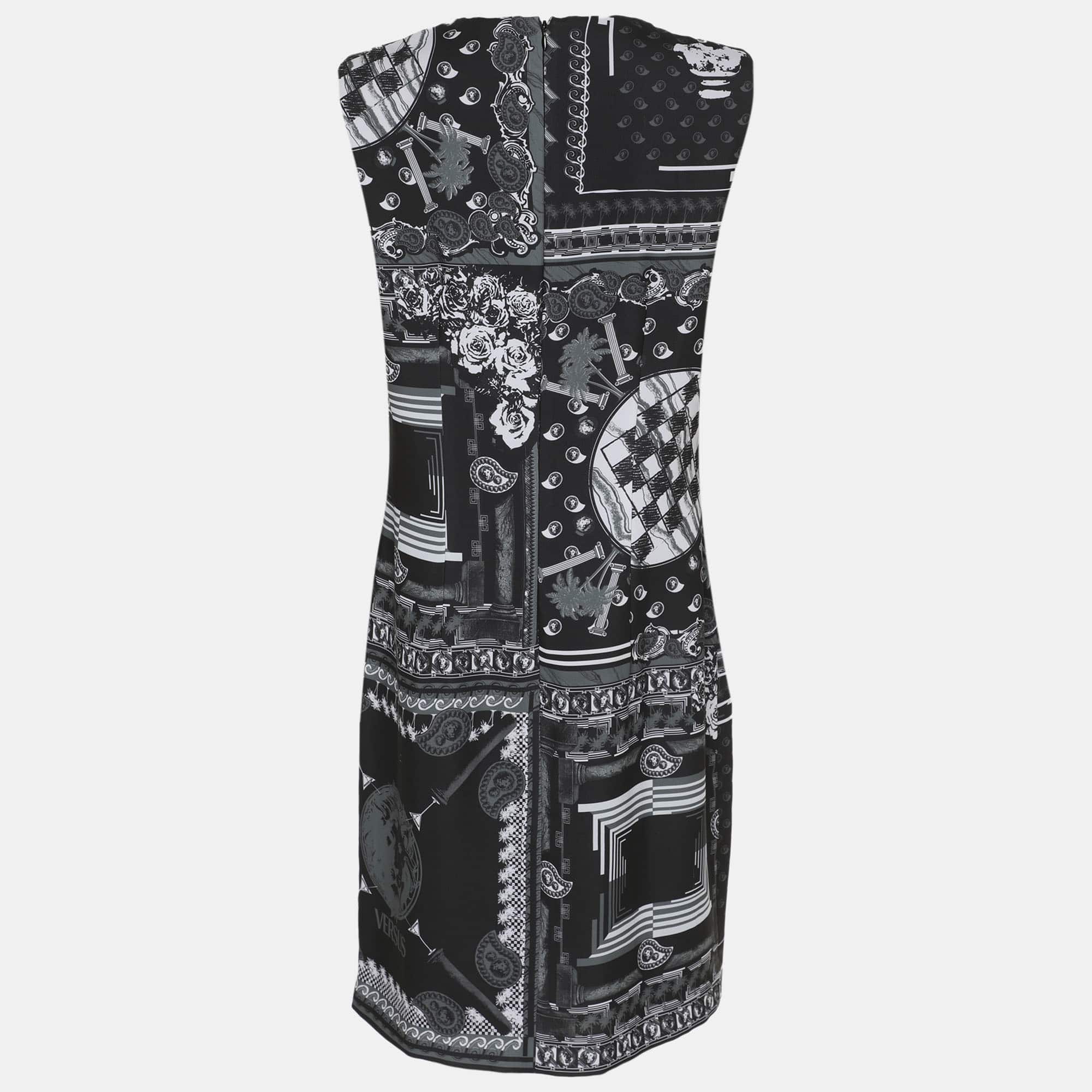 Versus Versace Black/grey Printed Satin Sleeveless Midi Dress