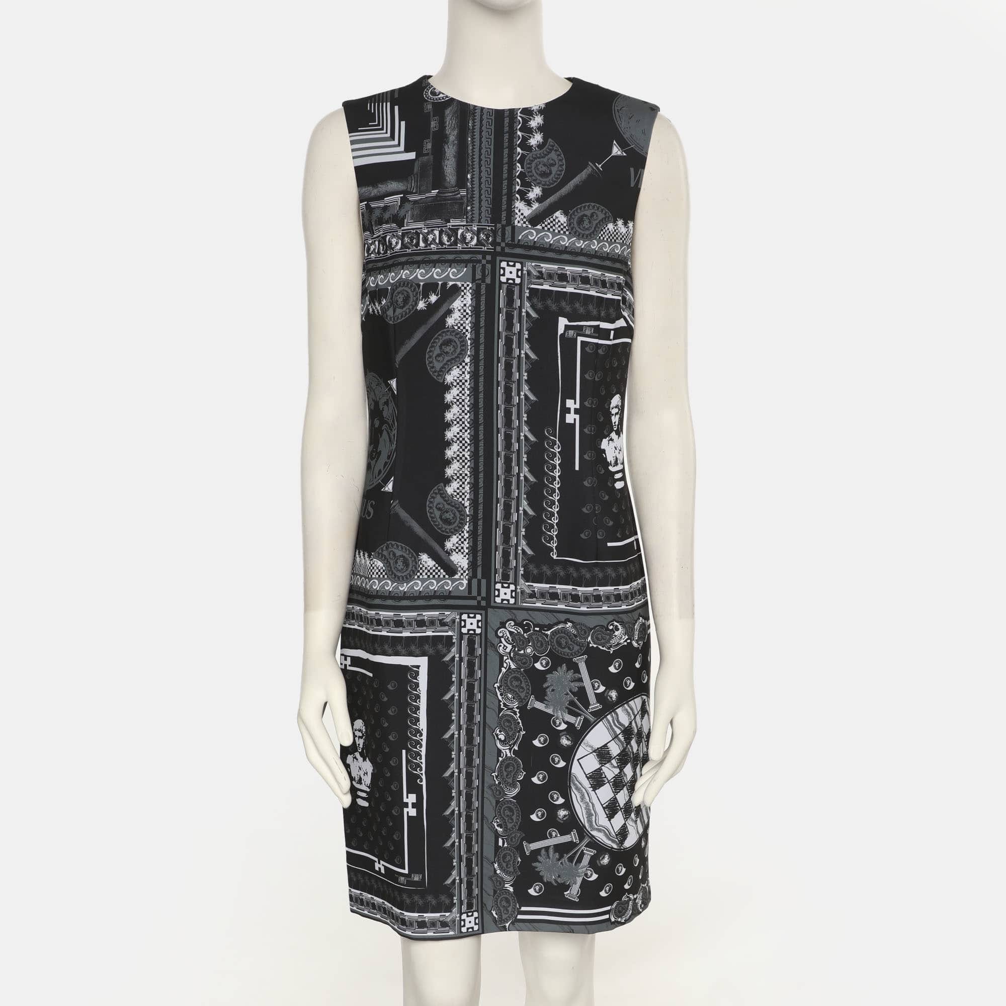 Versus Versace Black/grey Printed Satin Sleeveless Midi Dress