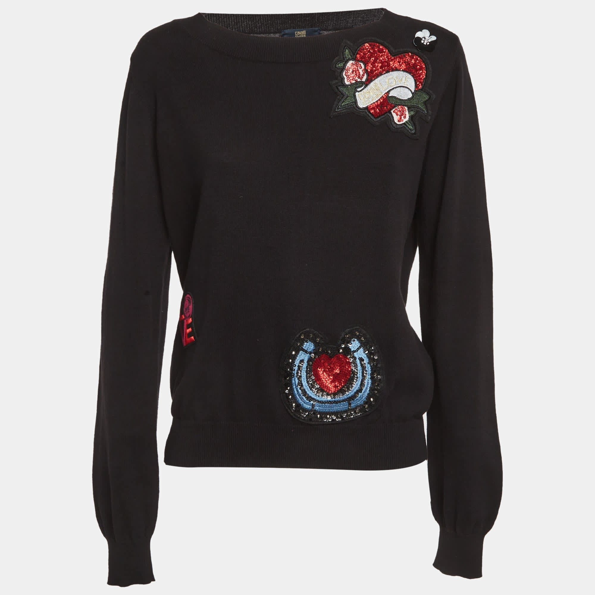 Cavalli Class Black Cotton Knit Embroidered Patch Detail Jumper