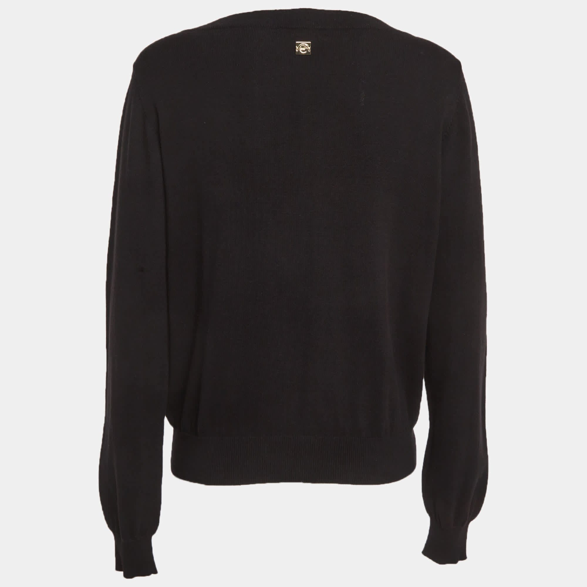 Cavalli Class Black Cotton Knit Embroidered Patch Detail Jumper