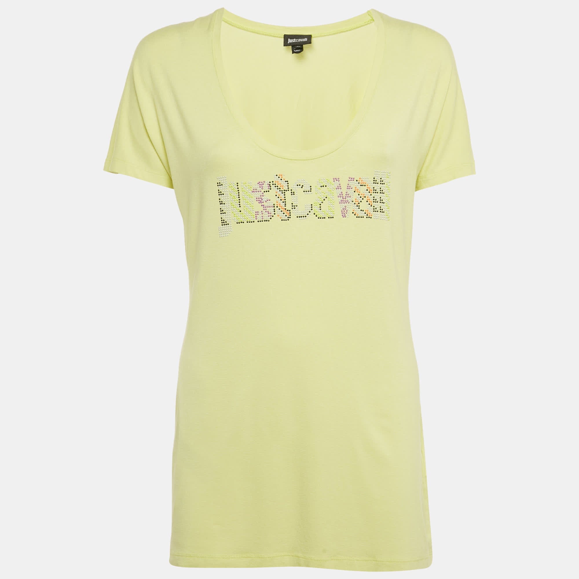Lime Green Logo Embellished Jersey Round Neck T - Shirt Xl