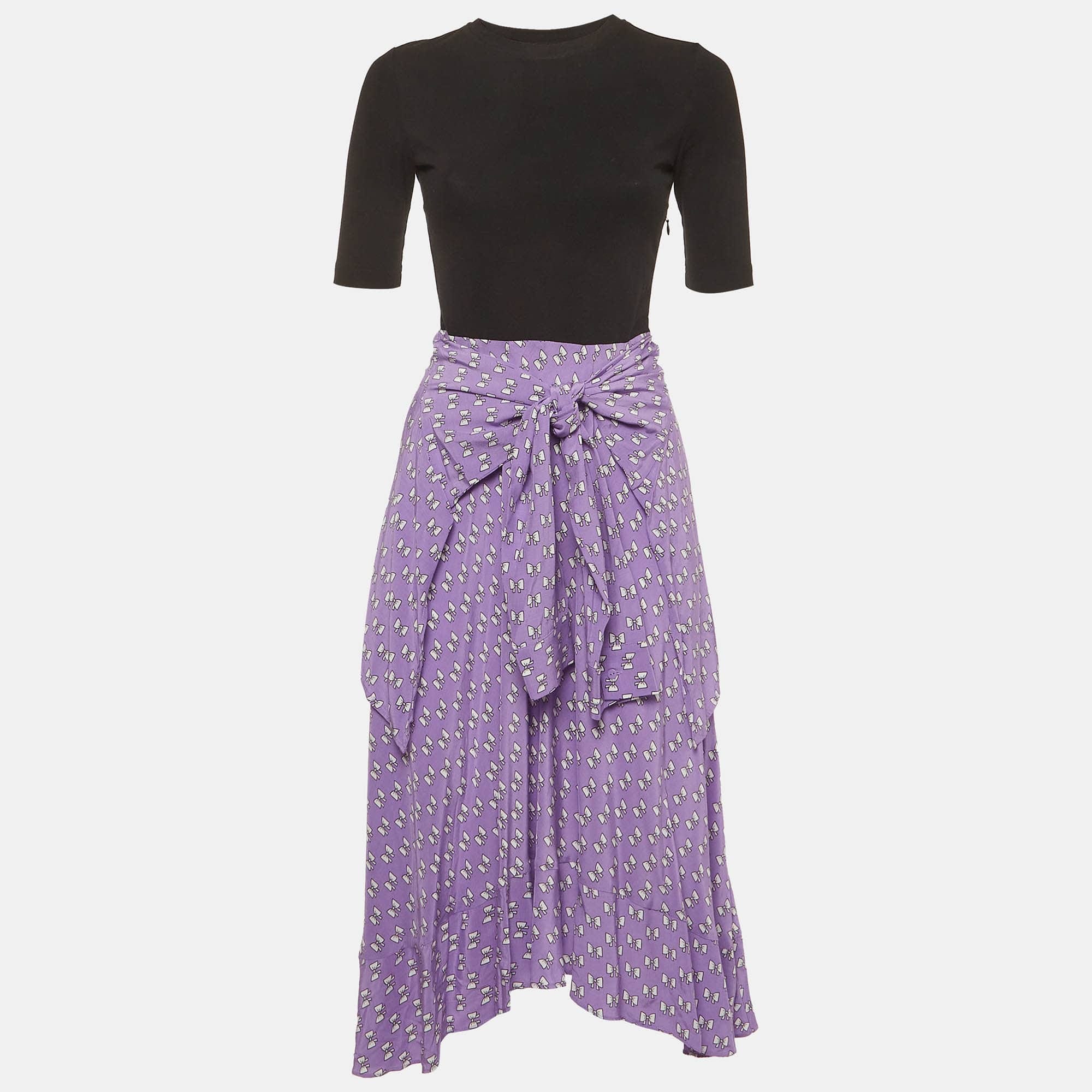 Purple Maje Black/purple Bow Print Jersey And Crepe Trompe L’oeil Midi Dress