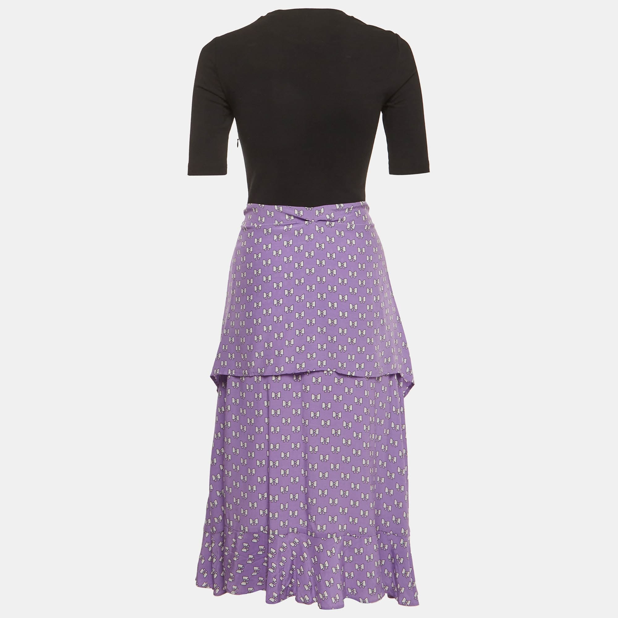 Purple Maje Black/purple Bow Print Jersey And Crepe Trompe L’oeil Midi Dress